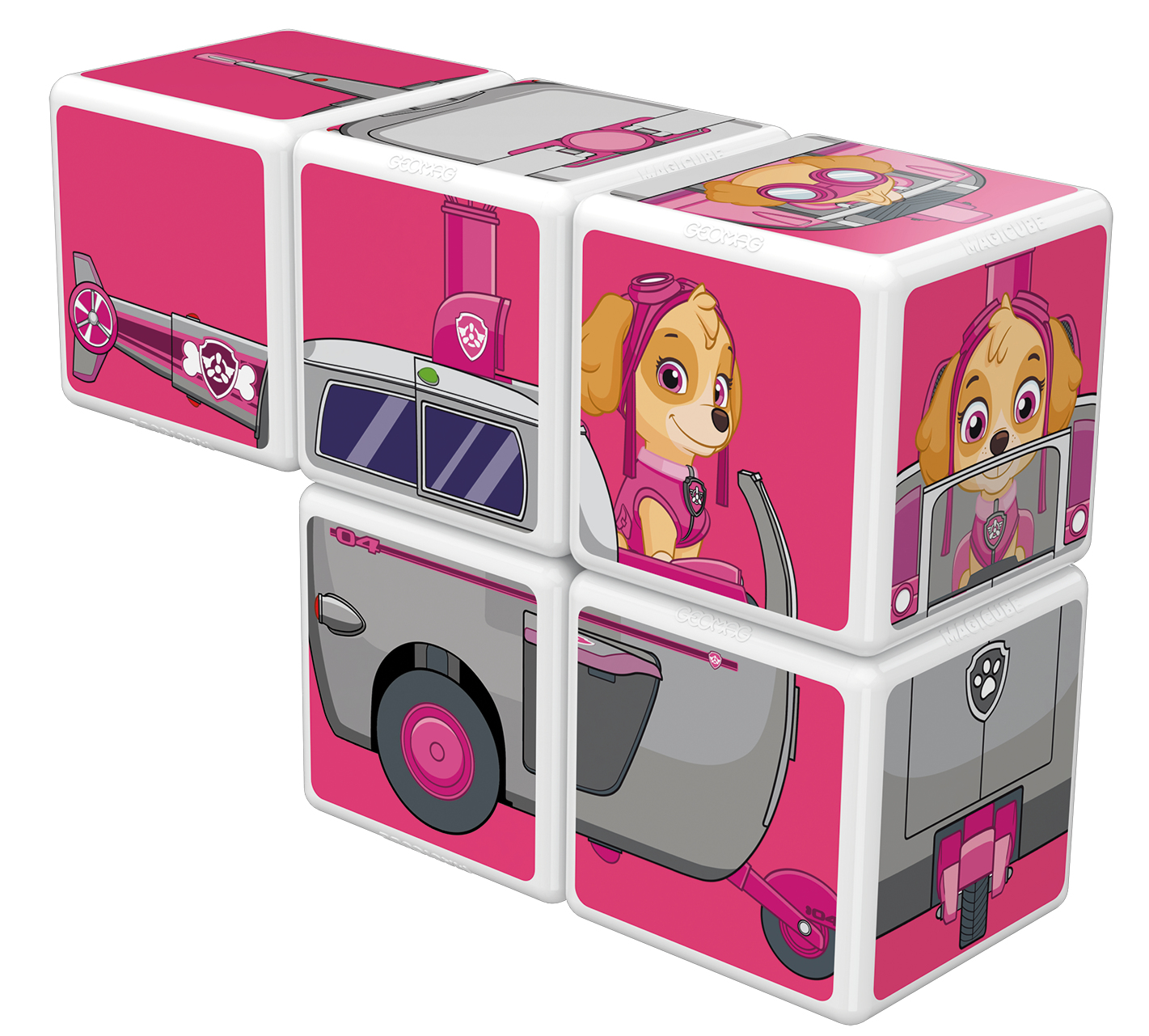 Magnetbausteine bilden ein rosa-graues Fahrzeug mit Skye aus Paw Patrol auf weißem Hintergrund.