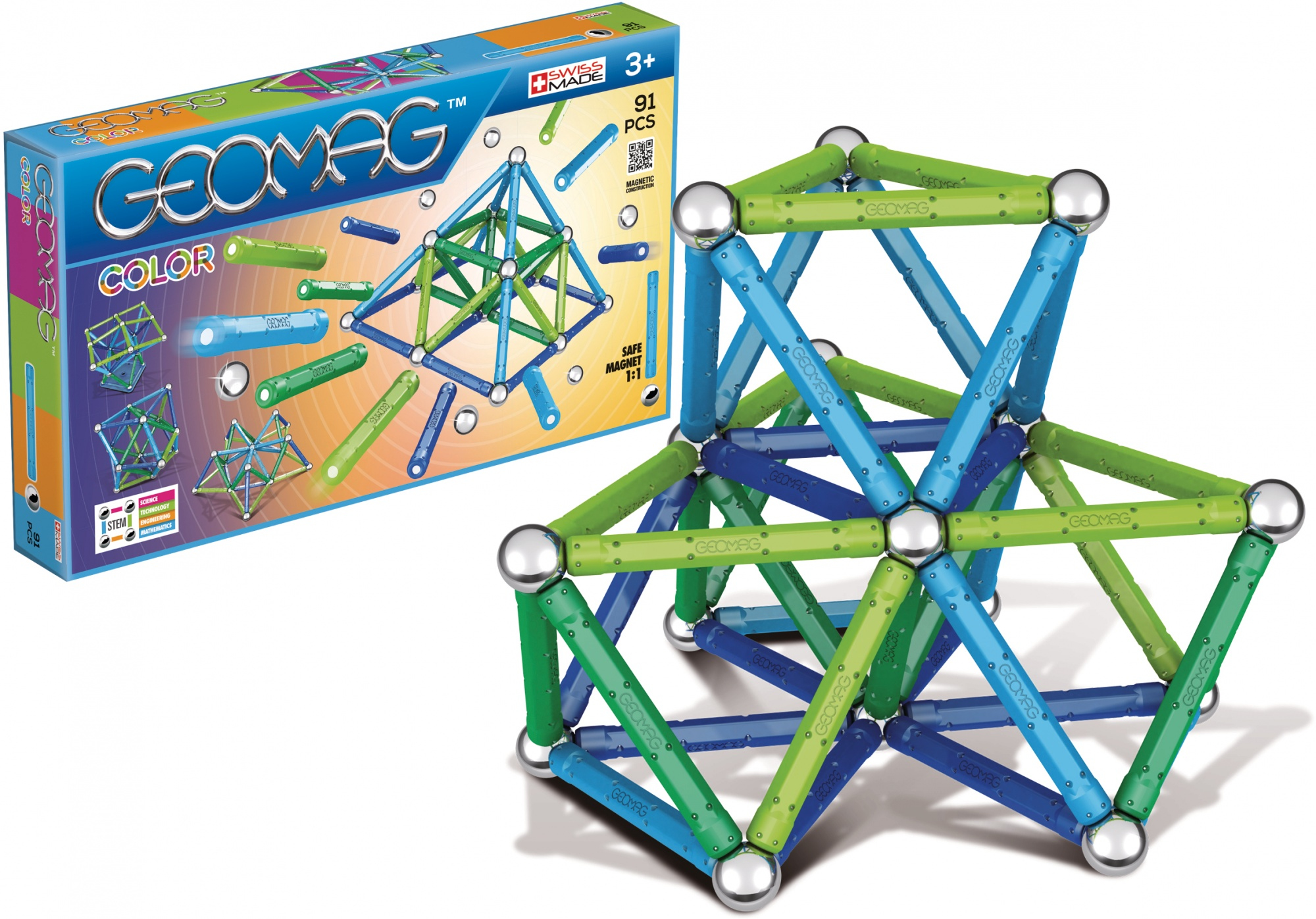 Una scatola di giochi magnetici Geomag con una struttura geometrica costruita con asticelle verdi e blu e sfere d'argento.