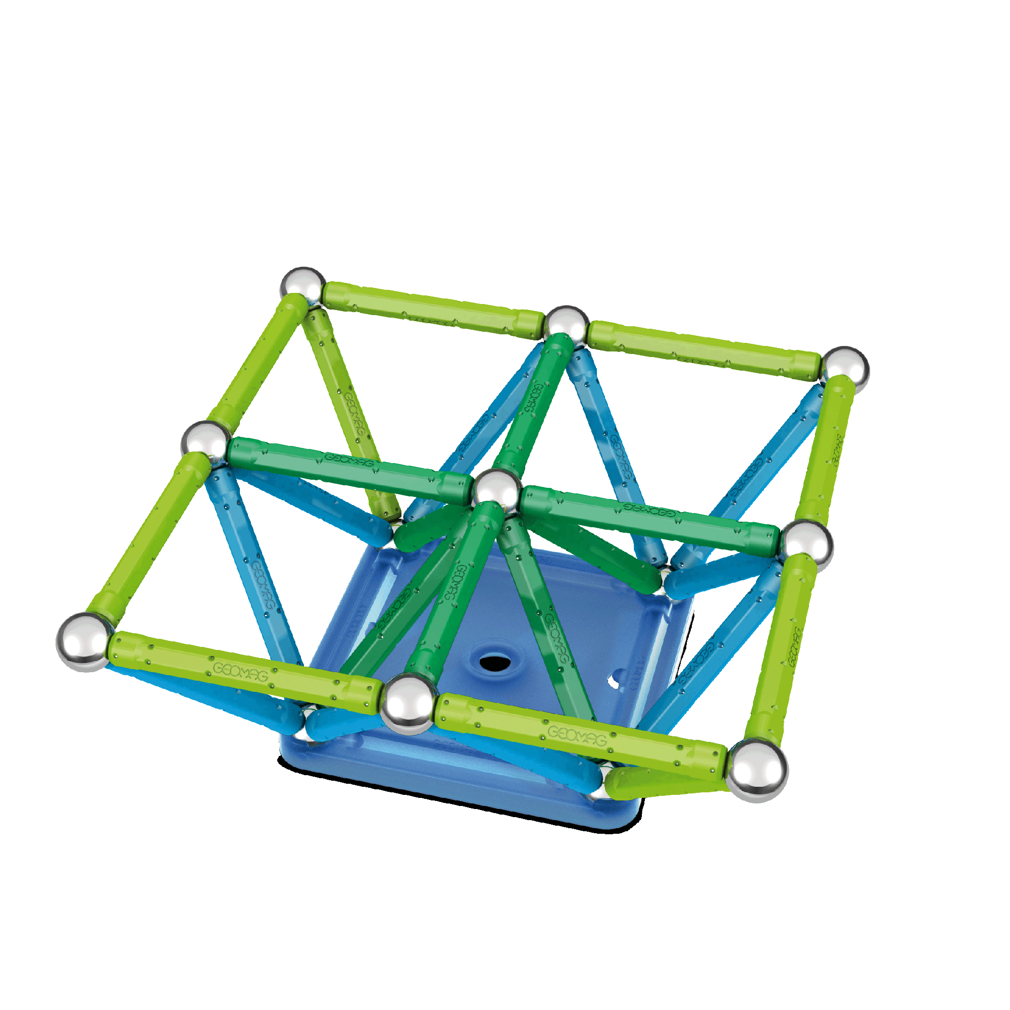 Una struttura giocattolo magnetica con aste verdi e blu collegate da sfere di metallo argentato su base blu.