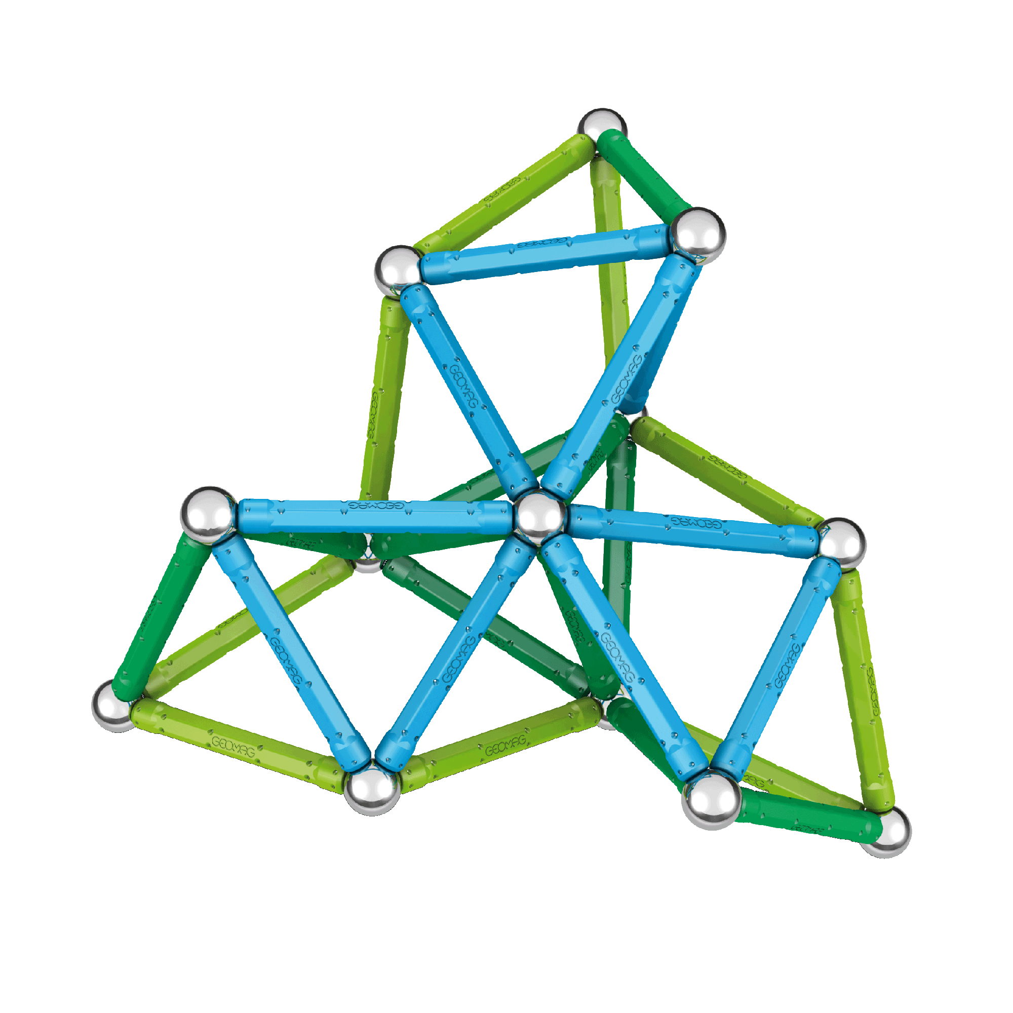 Una complessa struttura geometrica fatta di barrette magnetiche blu e verdi collegate da sfere.
