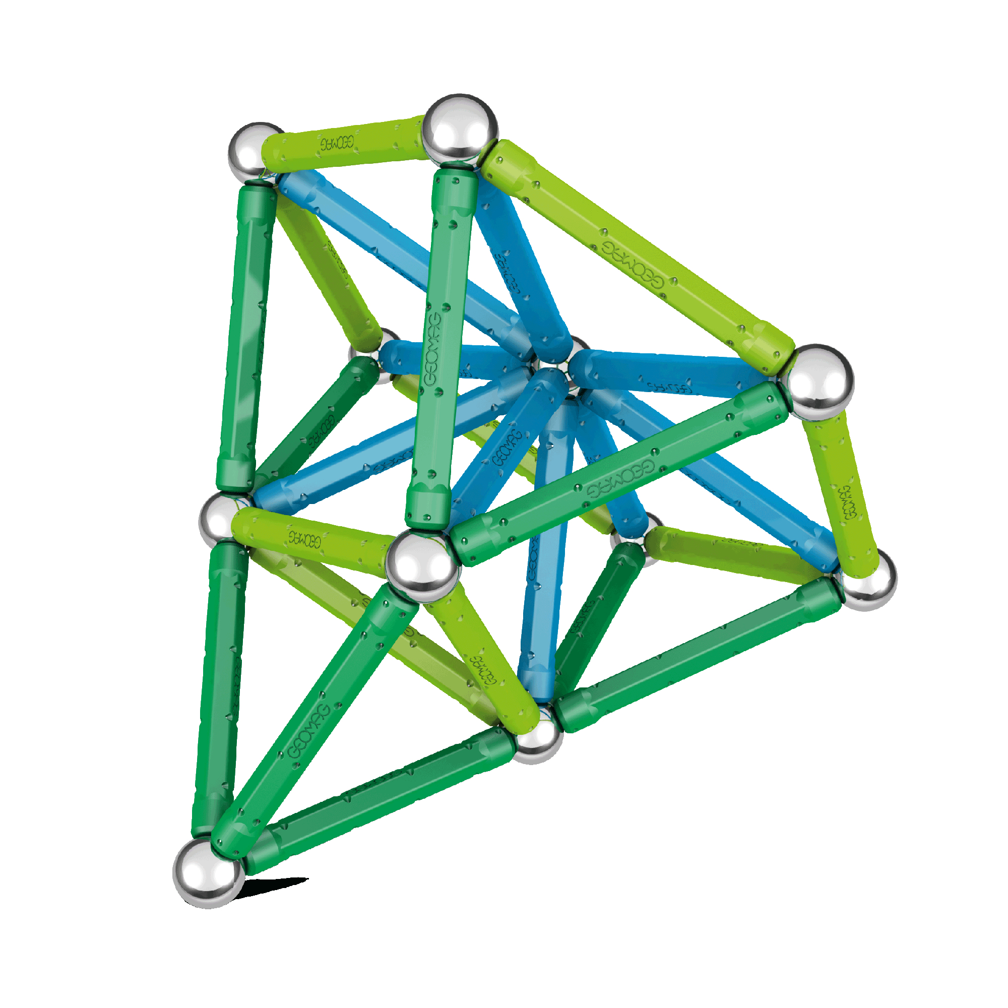 Una struttura geometrica 3D fatta di barre magnetiche blu e verdi collegate da sfere di metallo argentato su sfondo bianco.