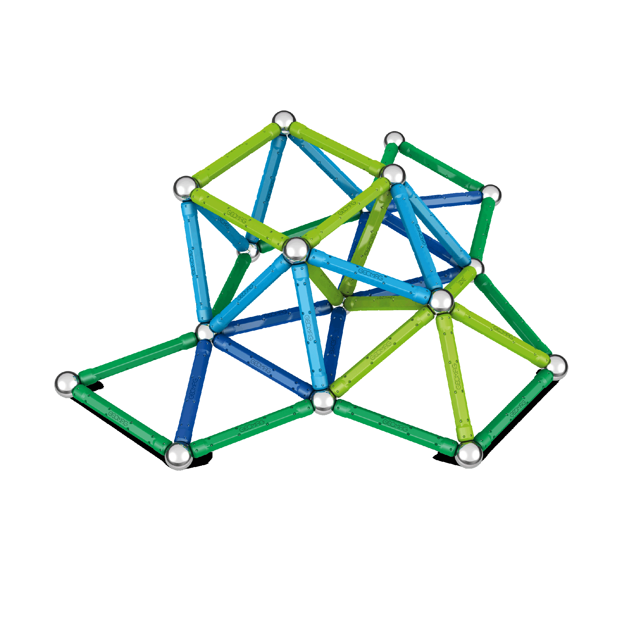 Una complessa costruzione geometrica 3D di bacchette magnetiche verdi e blu e sfere d'argento.
