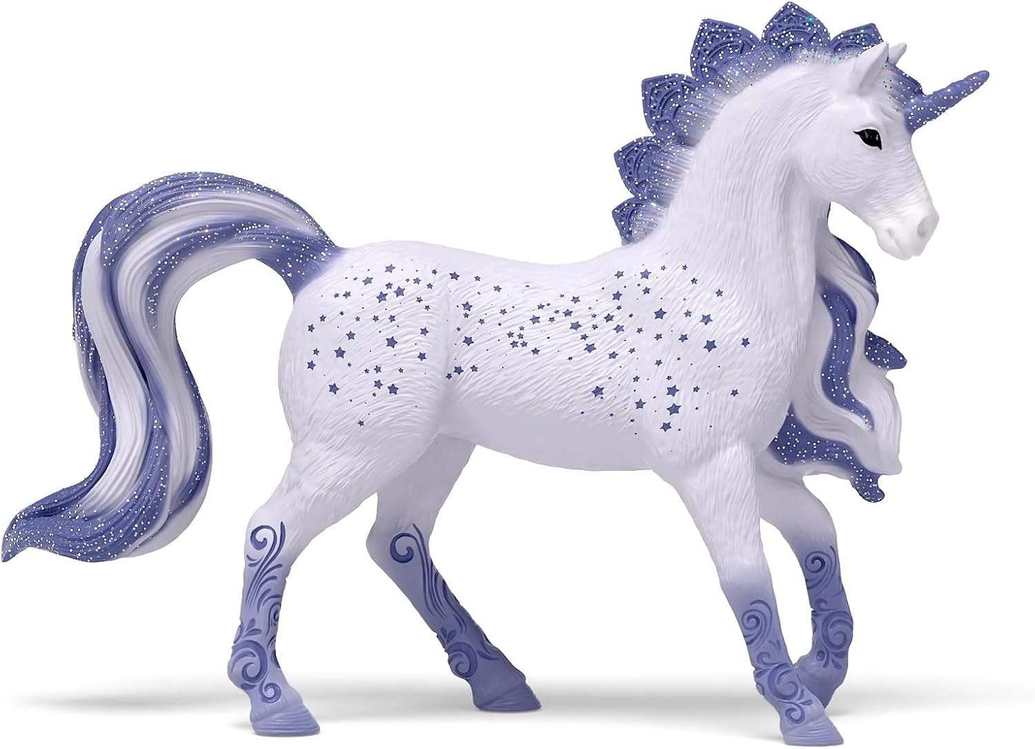 Statuina di un unicorno bianco glitterato con criniera viola.