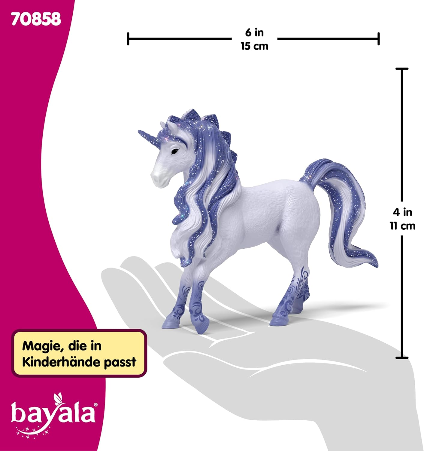 Una statuetta di un unicorno bianco con criniera e coda viola su una mano stilizzata, con indicazioni di misura.