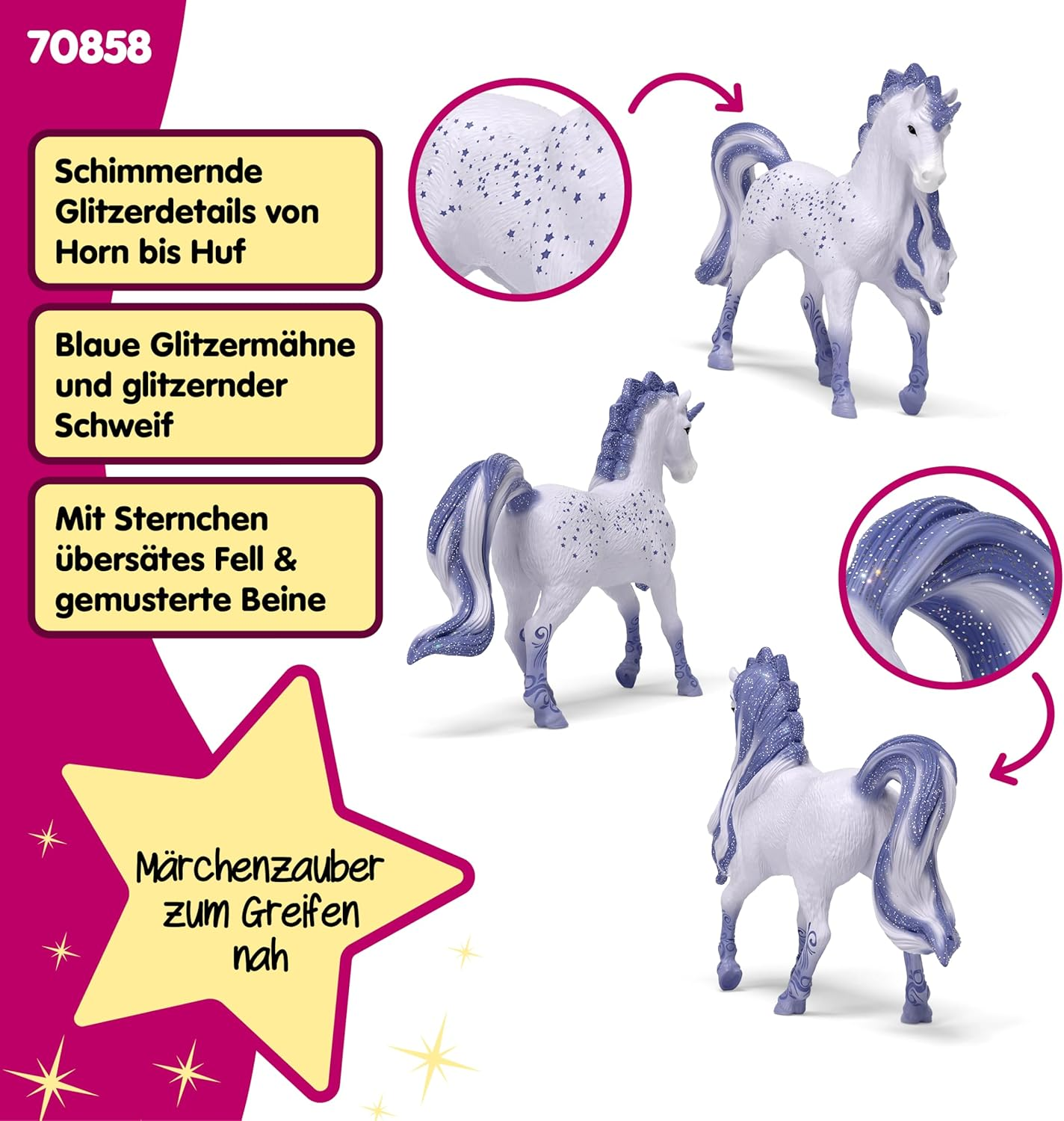 Immagine promozionale di un unicorno giocattolo bianco con criniera glitterata blu, stelle e dettagli zoom.