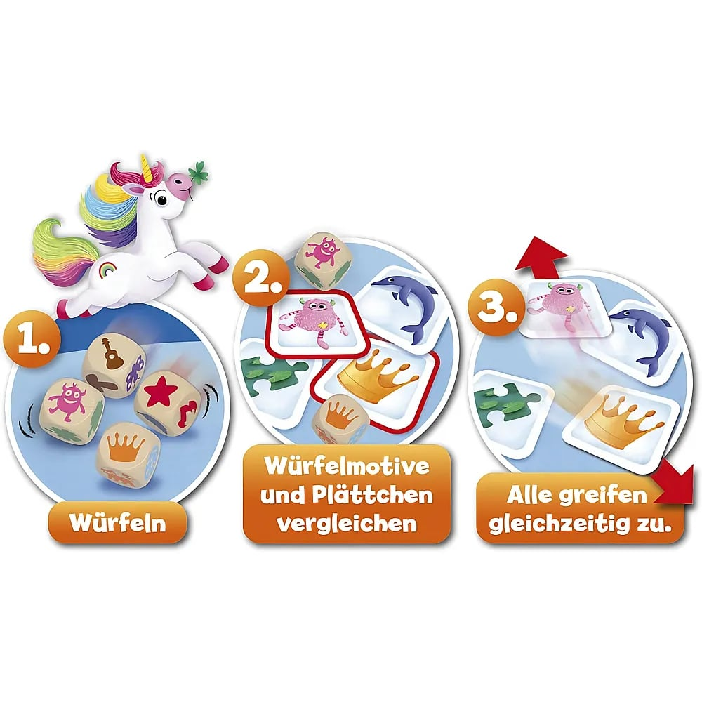 Anleitung für ein Brettspiel mit Würfeln, Karten und einem Einhorn in drei Schritten.