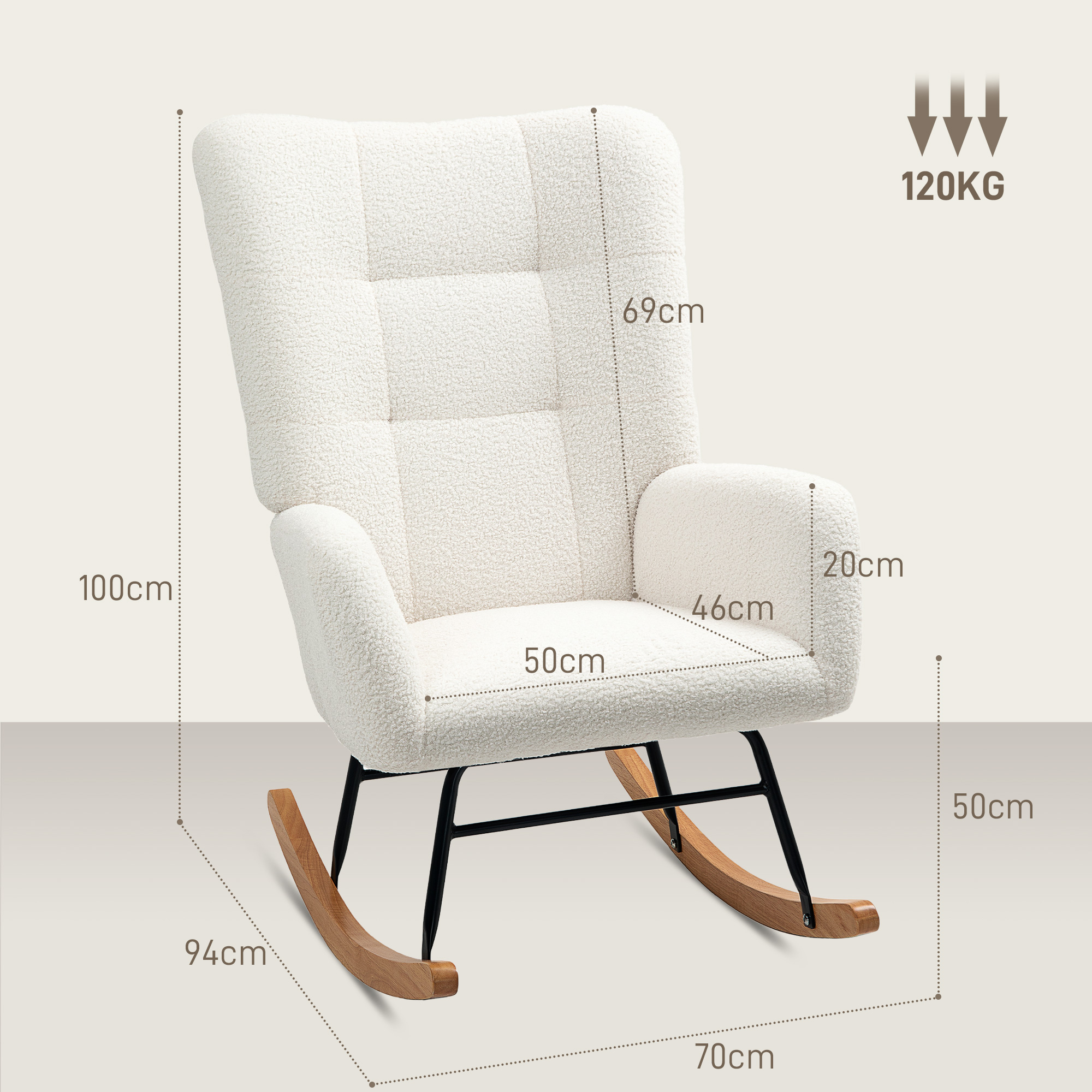 Una mecedora blanca con patas de madera y metal, dimensiones y un icono de peso de 120 kg sobre fondo claro.