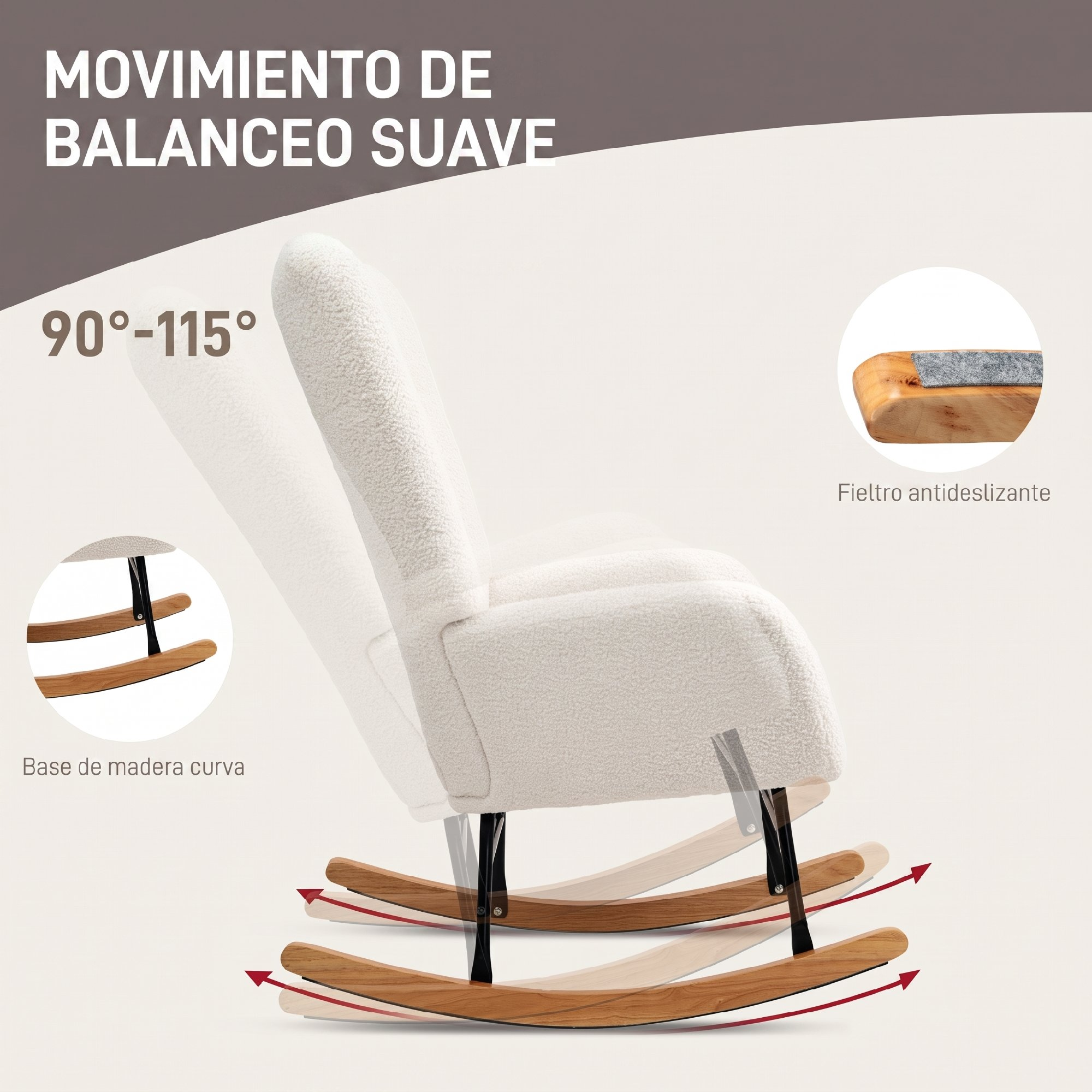 Mecedora blanca con base de madera curva, mostrando movimiento de balanceo suave y fieltro antideslizante.