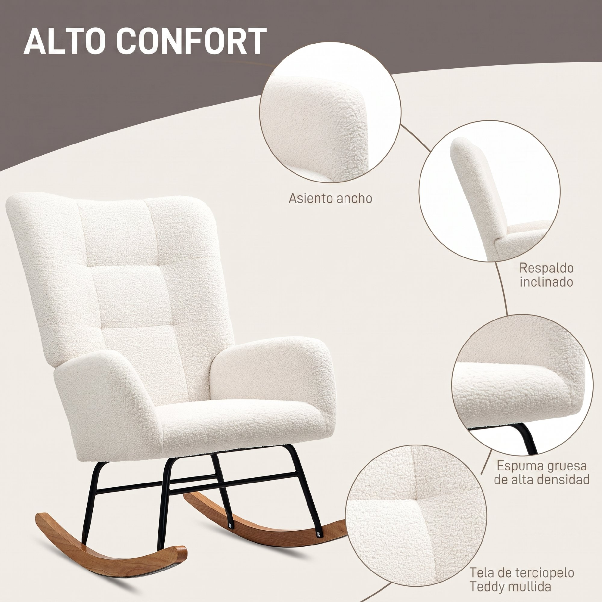 Mecedora beis de tejido borreguito con patas de madera y detalles de asiento, respaldo y espuma de alta densidad.