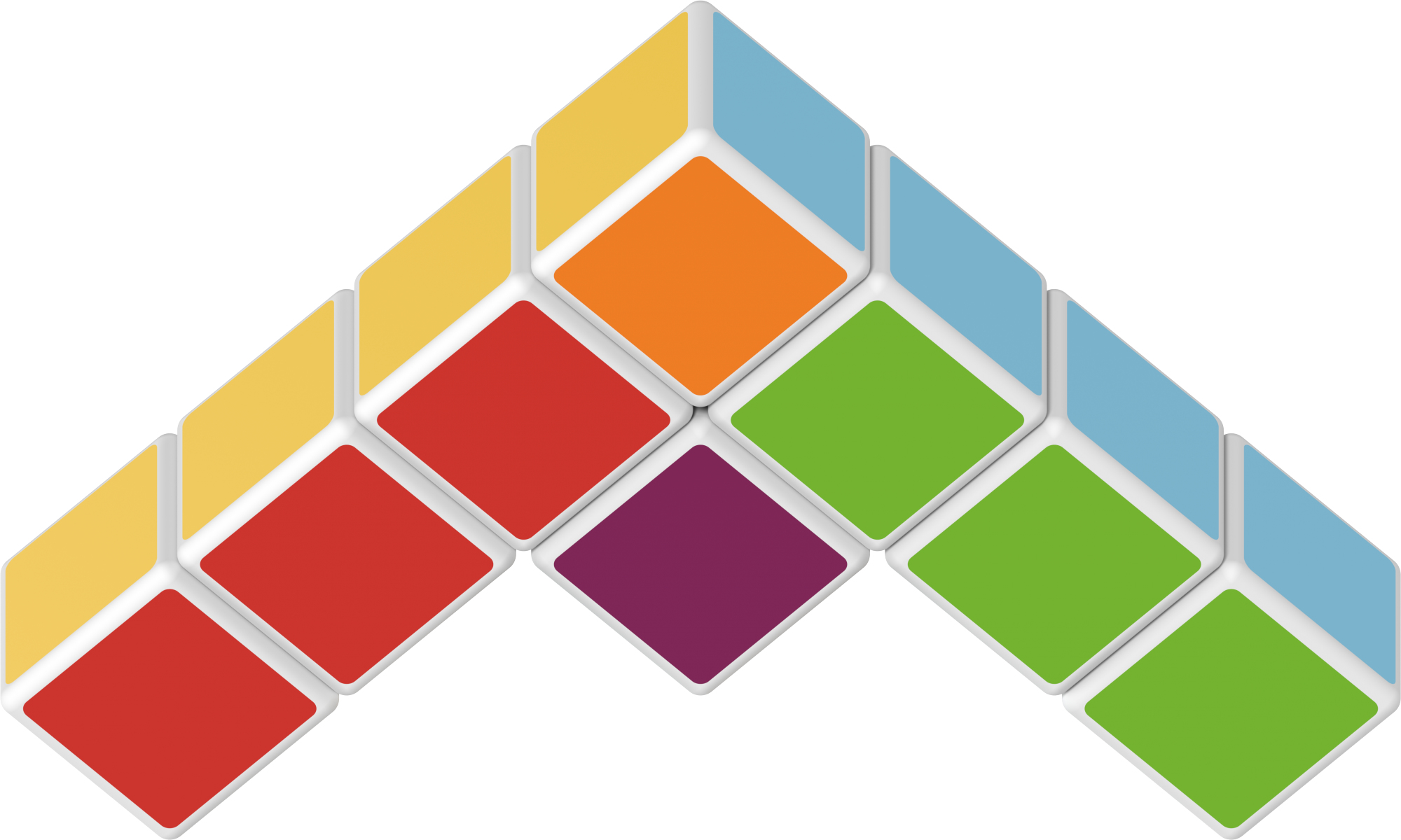 Ein nach oben zeigender Chevron aus bunten quadratischen Blöcken in Gelb, Orange, Rot, Lila, Grün und Blau.