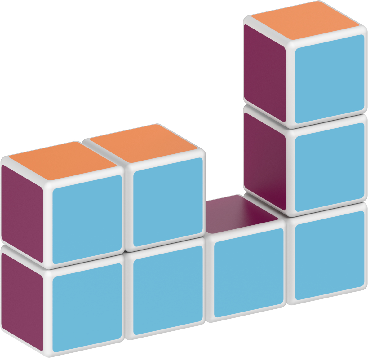 Eine 3D-Struktur aus bunten Würfeln mit orangen, blauen und violetten Flächen auf weißem Hintergrund.
