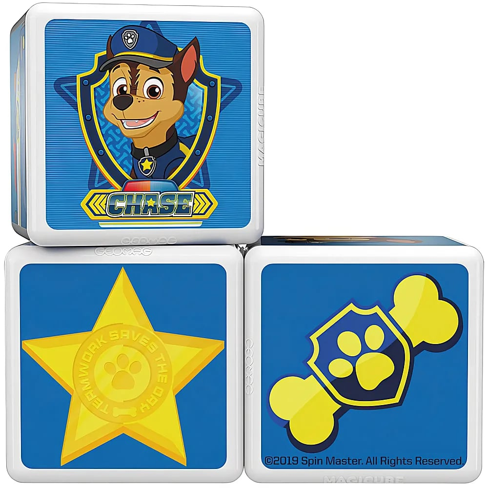 Drei blaue Paw Patrol Blöcke mit Chase, einem goldenen Stern und einem Knochen-Emblem auf weißem Hintergrund.