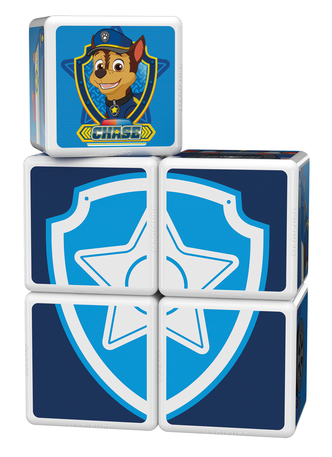 Fünf gestapelte Magnet-Spielwürfel mit Paw Patrol Chase und blauen Schildmotiven.