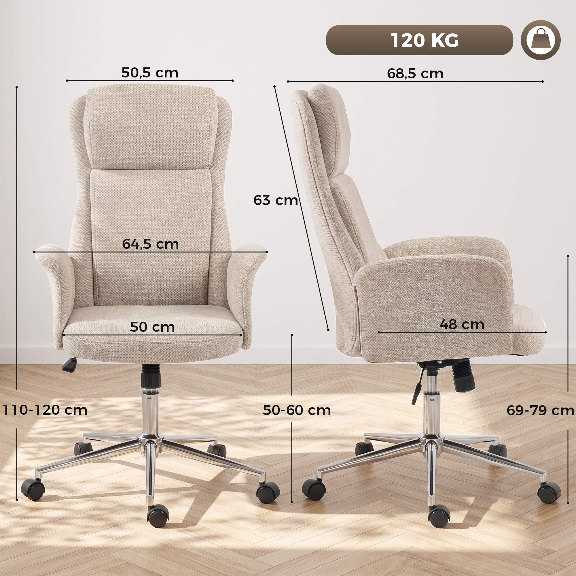 Silla de oficina beige mostrada desde dos ángulos con dimensiones detalladas y capacidad de 120 kg.