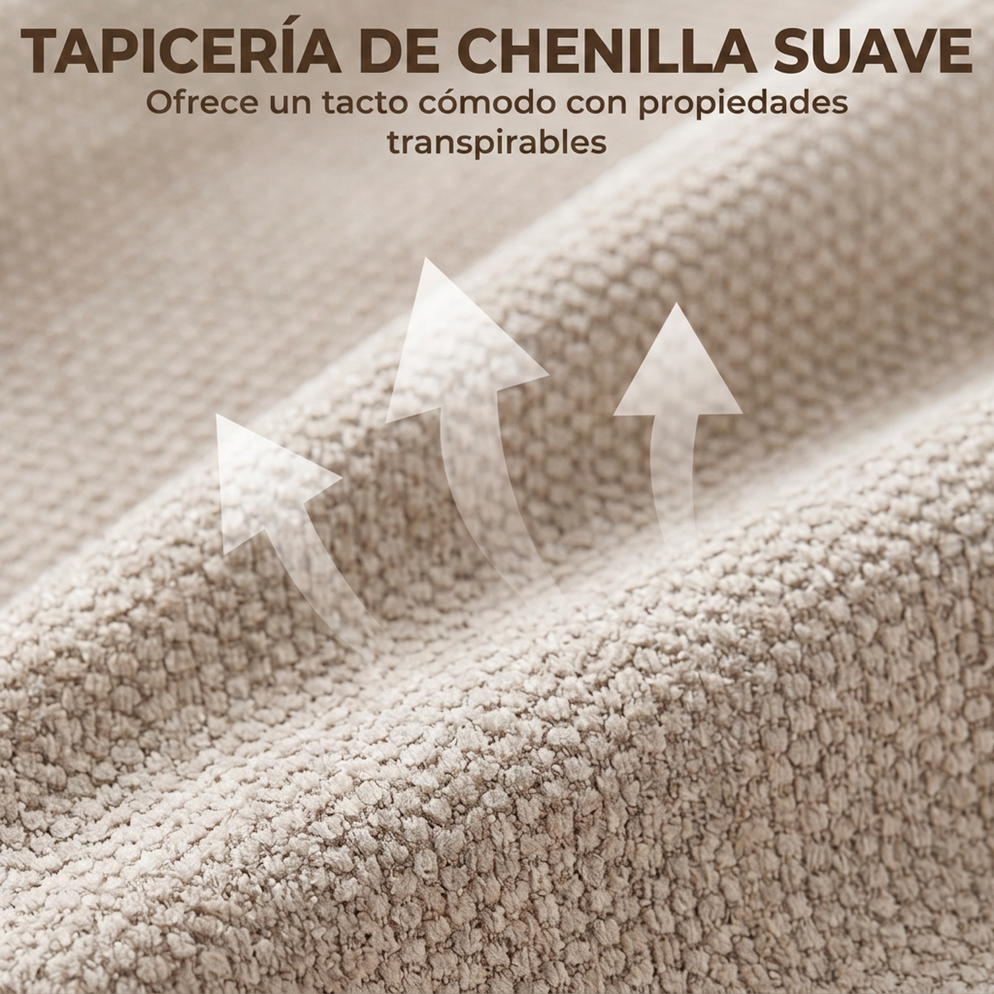 Tejido de chenilla beige con tres flechas blancas hacia arriba que muestran transpirabilidad.