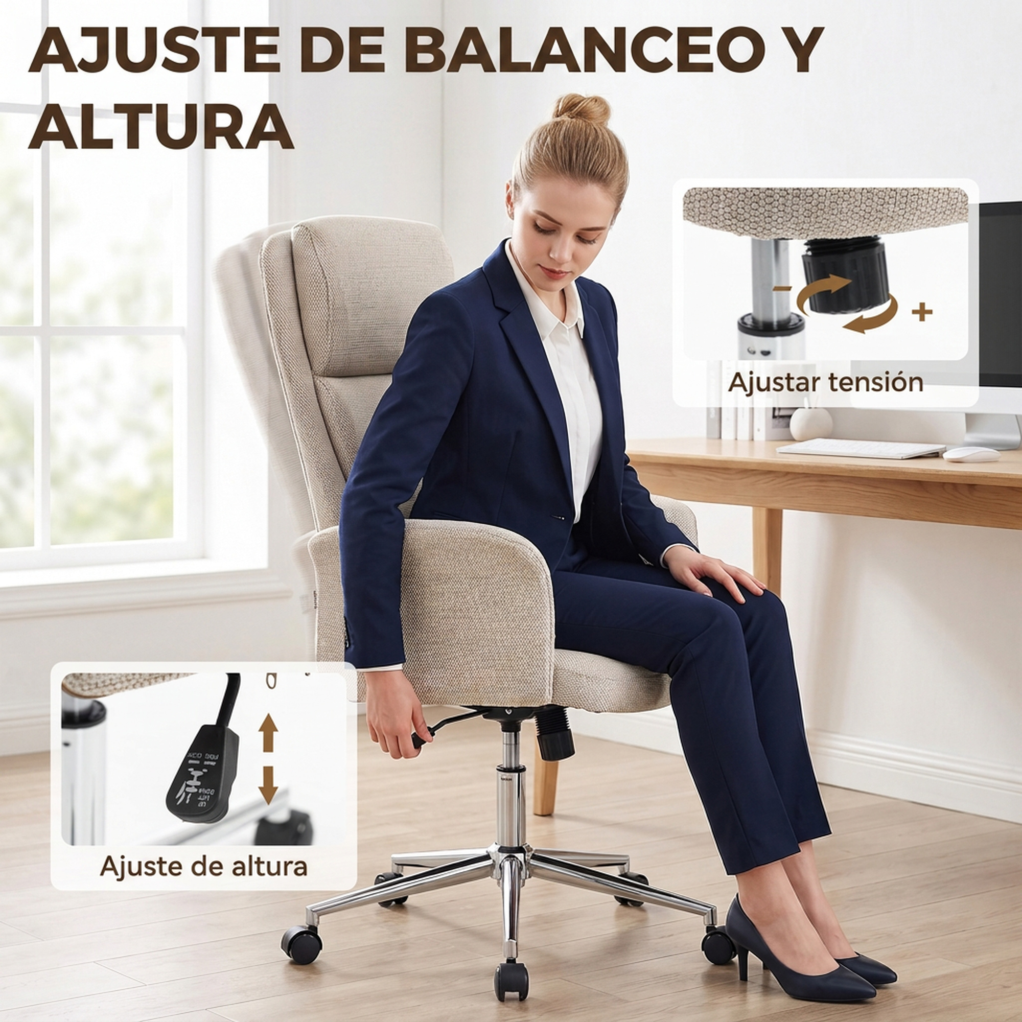 Mujer ajustando la altura y tensión de una silla de oficina.