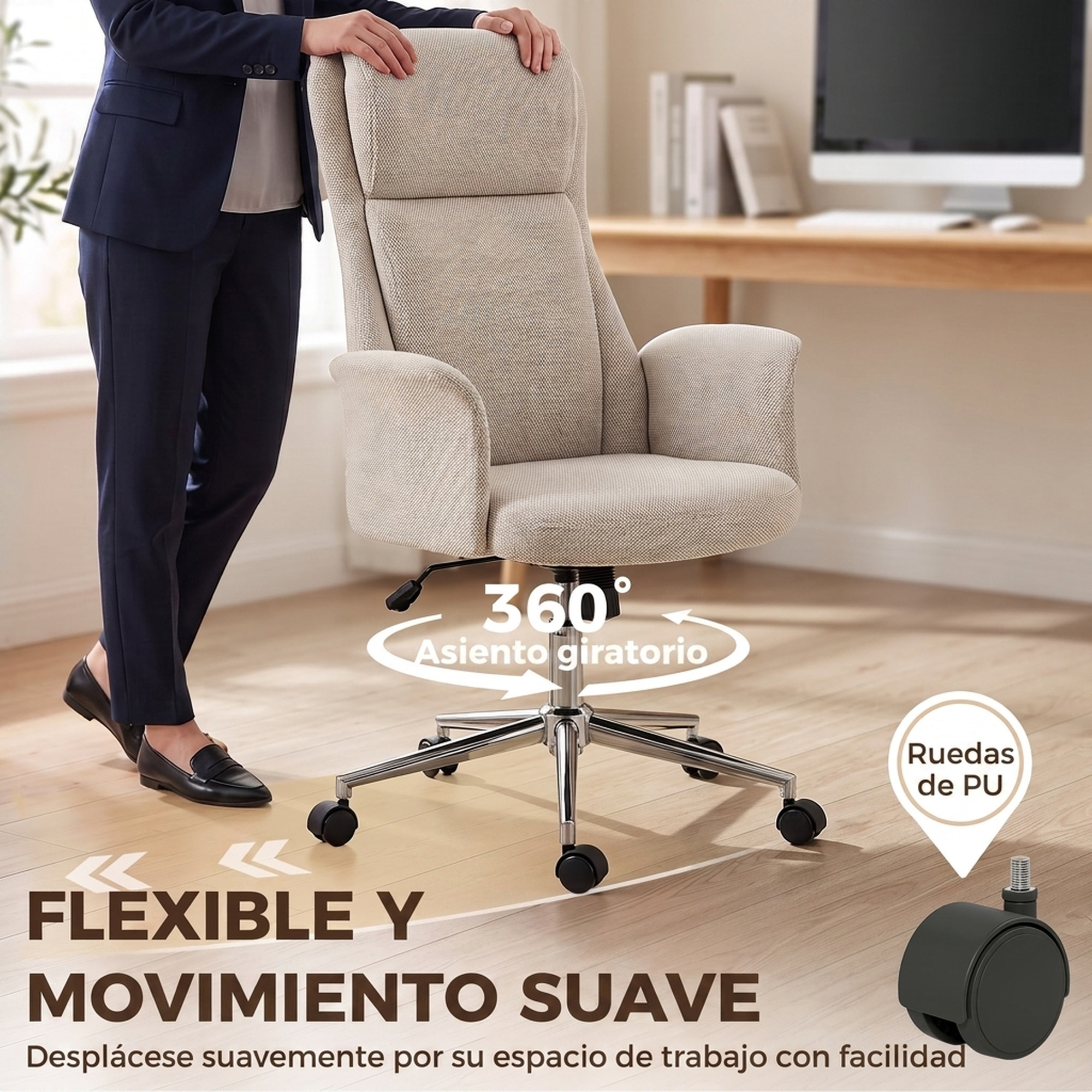 Silla de oficina ergonomica beis con giro de 360 grados sobre ruedas de PU, en una oficina moderna.