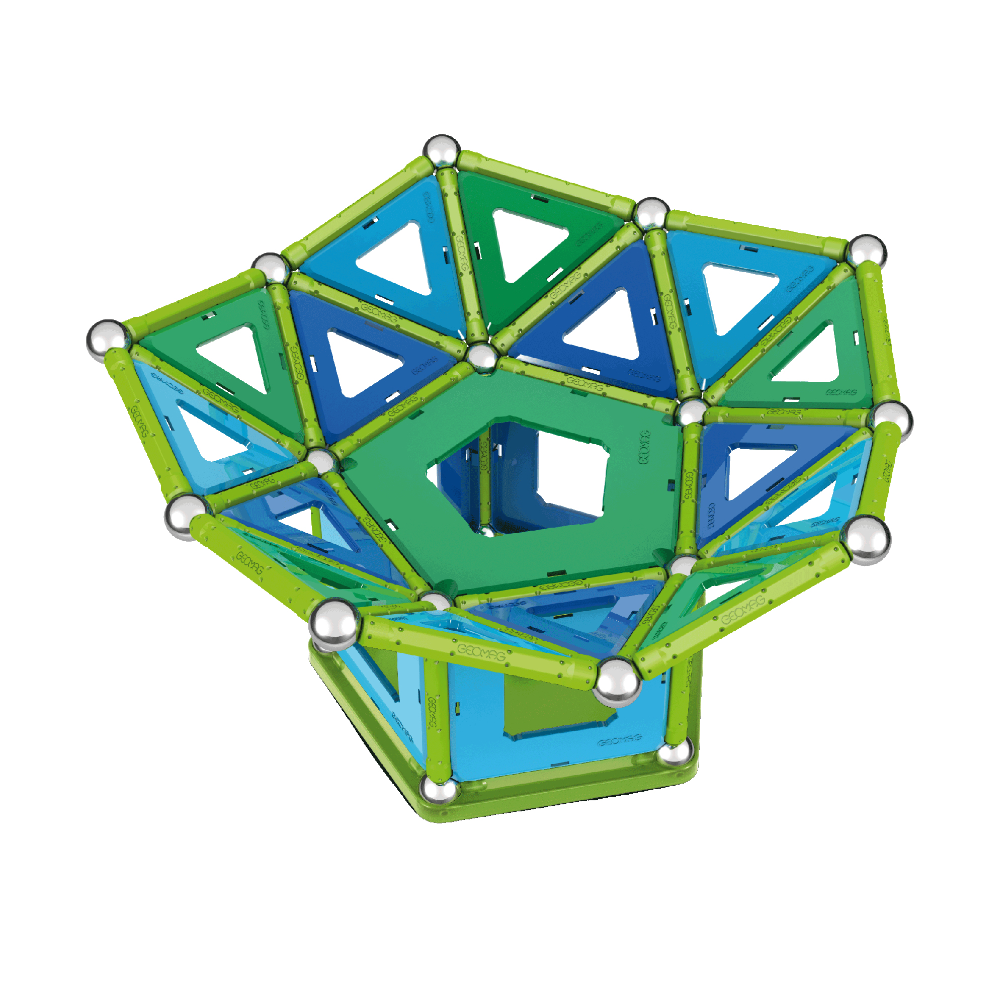 Eine Geomag-Konstruktion aus grünen und blauen Stäben, Platten und silbernen Kugeln.