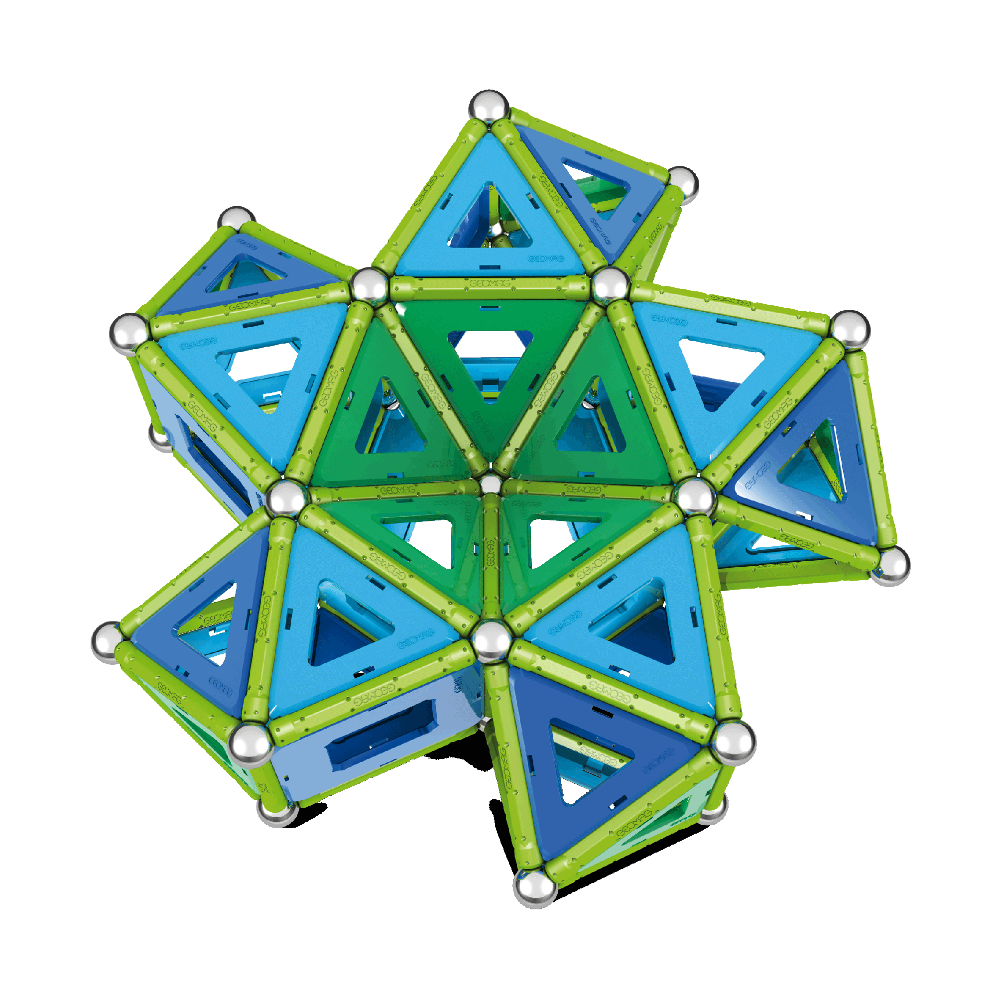 Eine geometrische Struktur aus blauen und grünen Dreiecken mit silbernen Kugelverbindungen auf weißem Hintergrund.