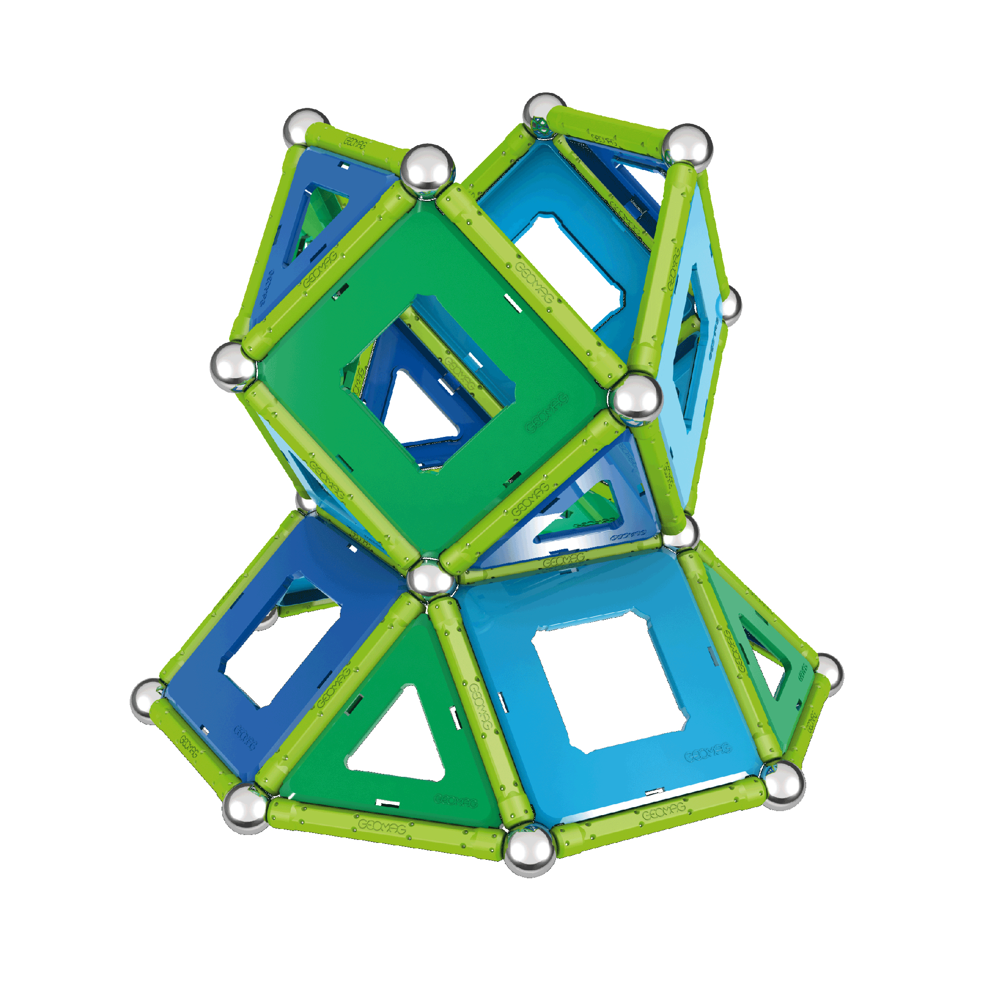 Eine komplexe geometrische 3D-Struktur aus grünen und blauen Magnetstäben, Paneelen und silbernen Stahlkugeln.