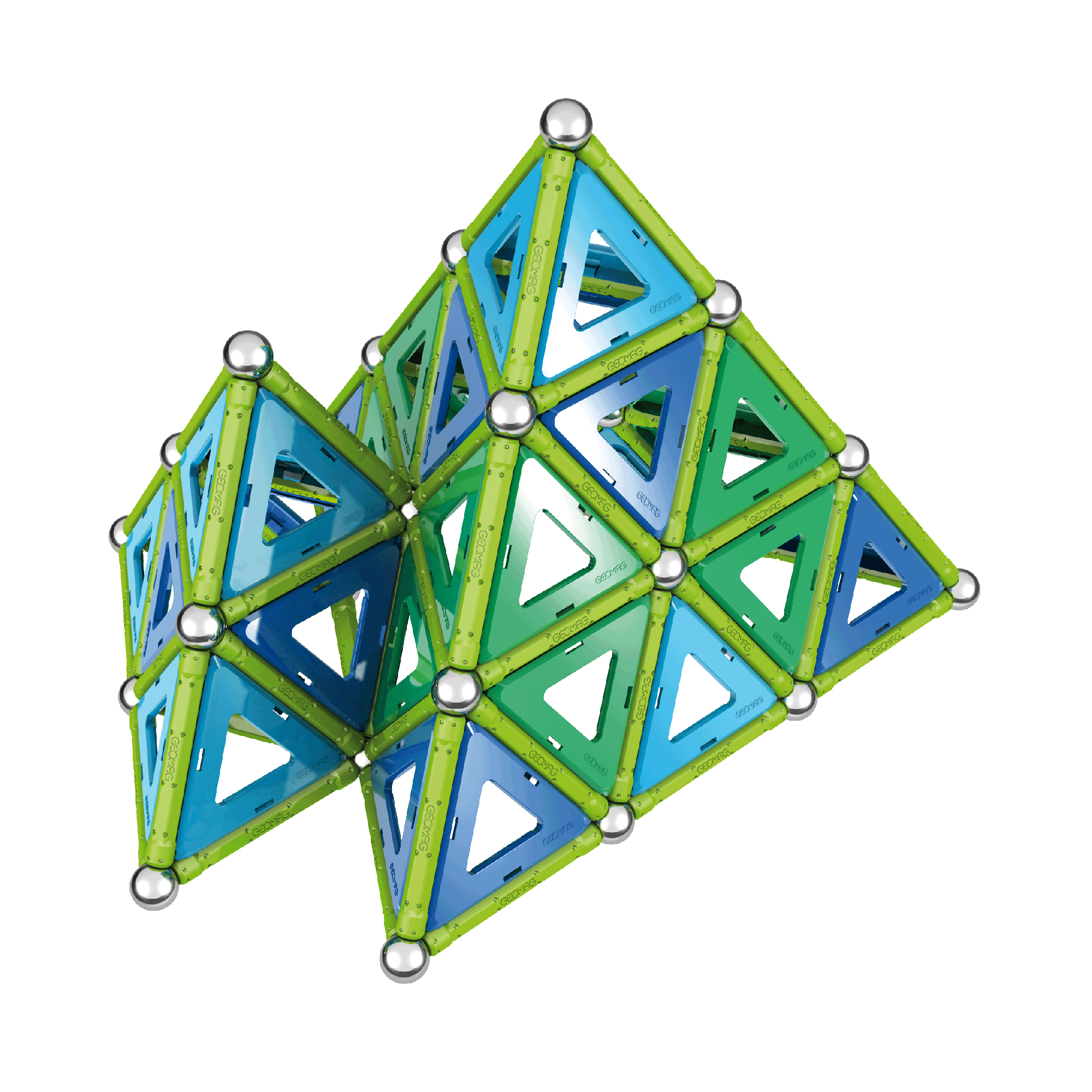 Eine komplexe geometrische Struktur aus grünen und blauen Stäben, Paneelen und silbernen Kugelmagneten.