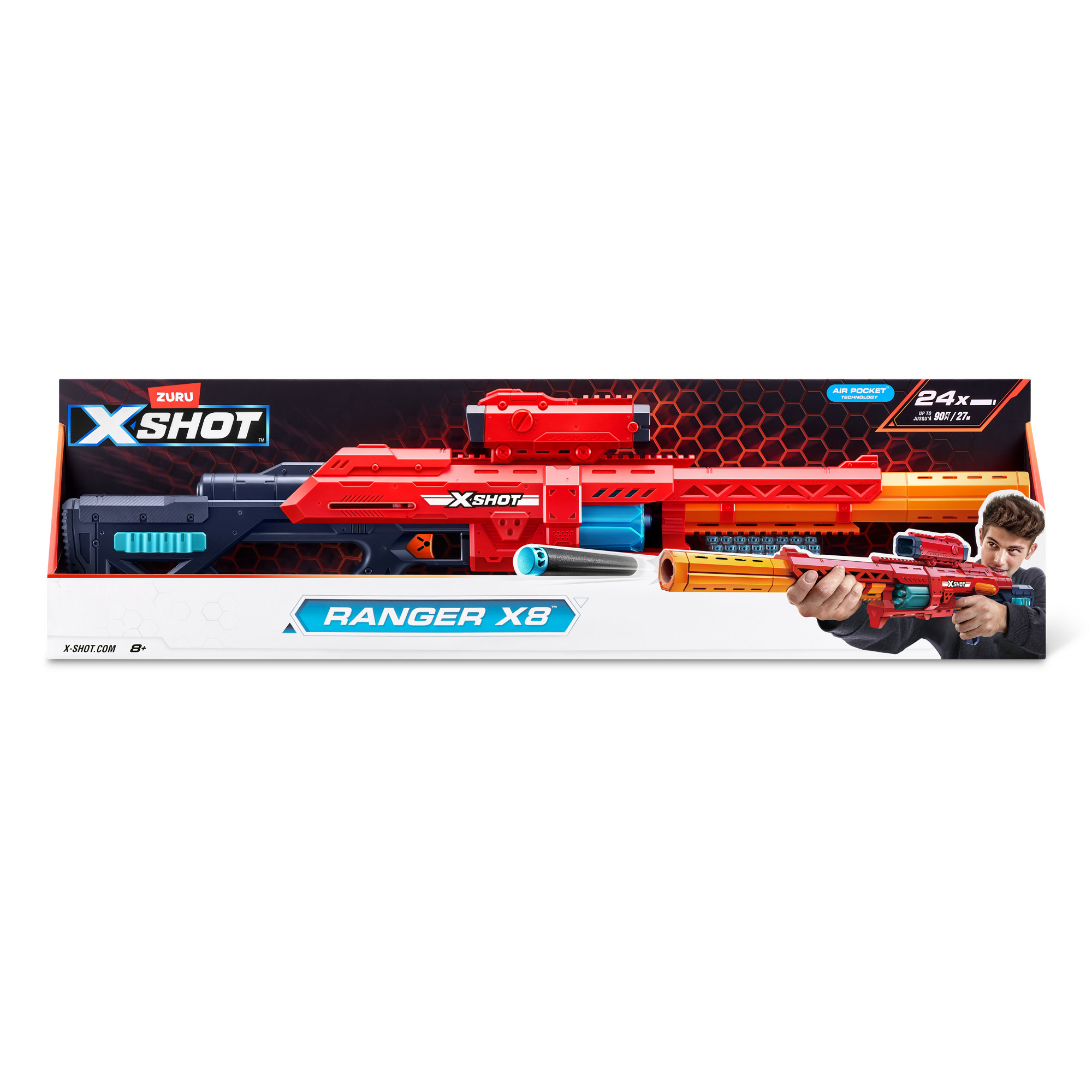 Emballage du lanceur jouet X-Shot Ranger X8, rouge, orange et noir, avec un garçon le tenant.