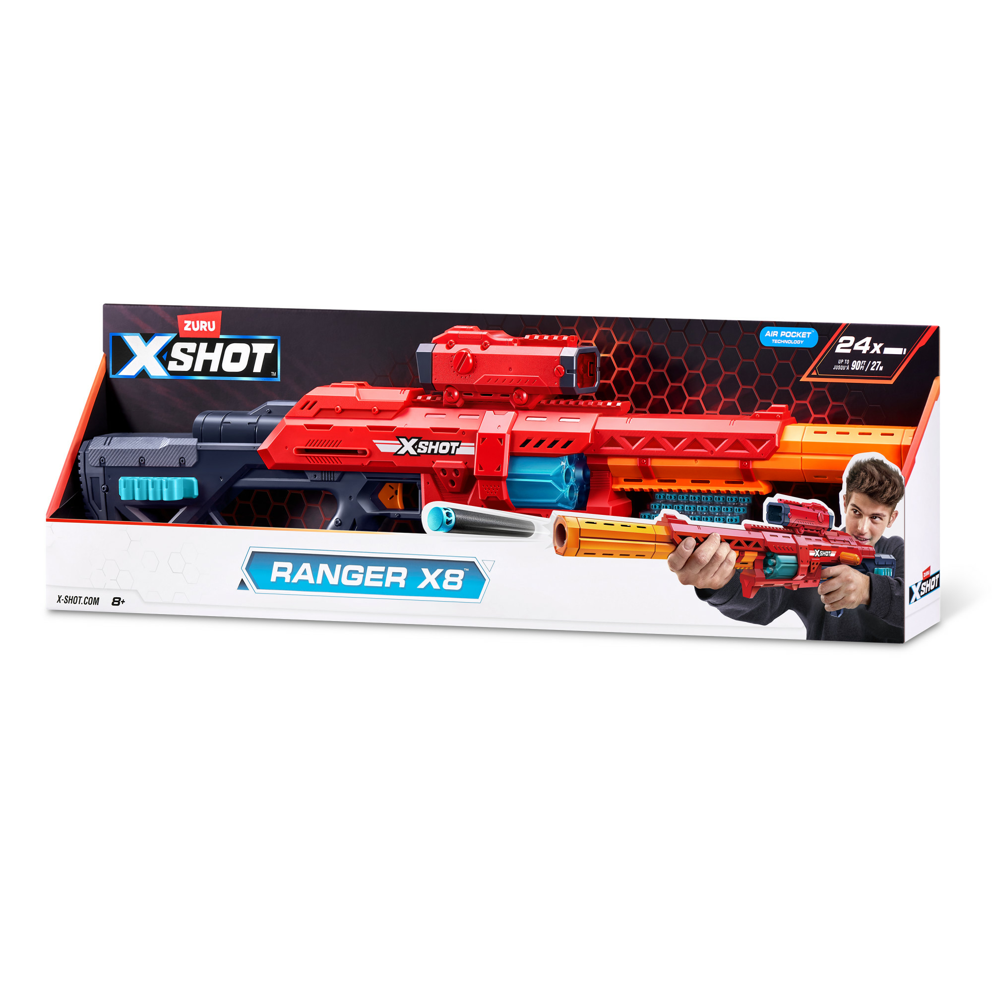 Emballage du blaster en mousse rouge et orange X-Shot Ranger X8, montrant le produit et un garçon tenant.