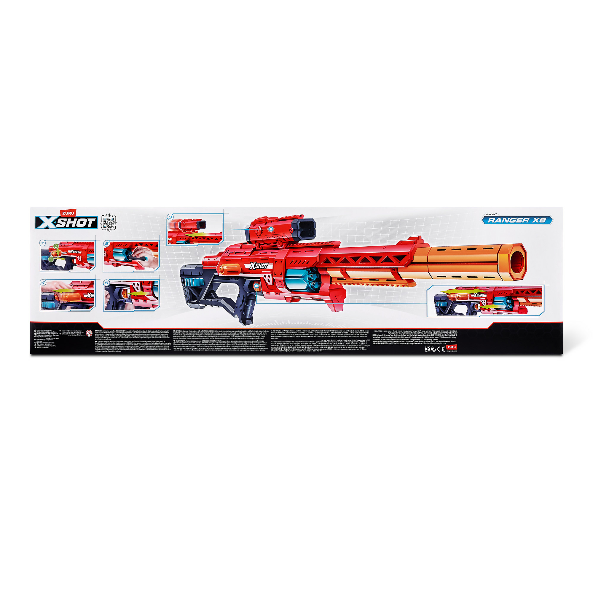 Emballage d'un blaster jouet rouge X-Shot Ranger X8, avec de petites photos de détails et un barillet bleu.
