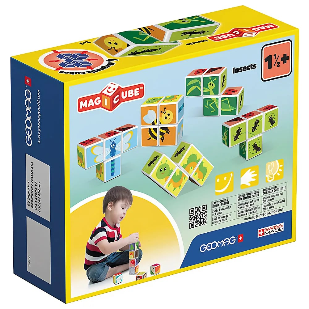 Ein Junge spielt mit Geomag Magicube Magnetblöcken und stapelt Insekten-Würfel, die auf der gelben Schachtel abgebildet sind.