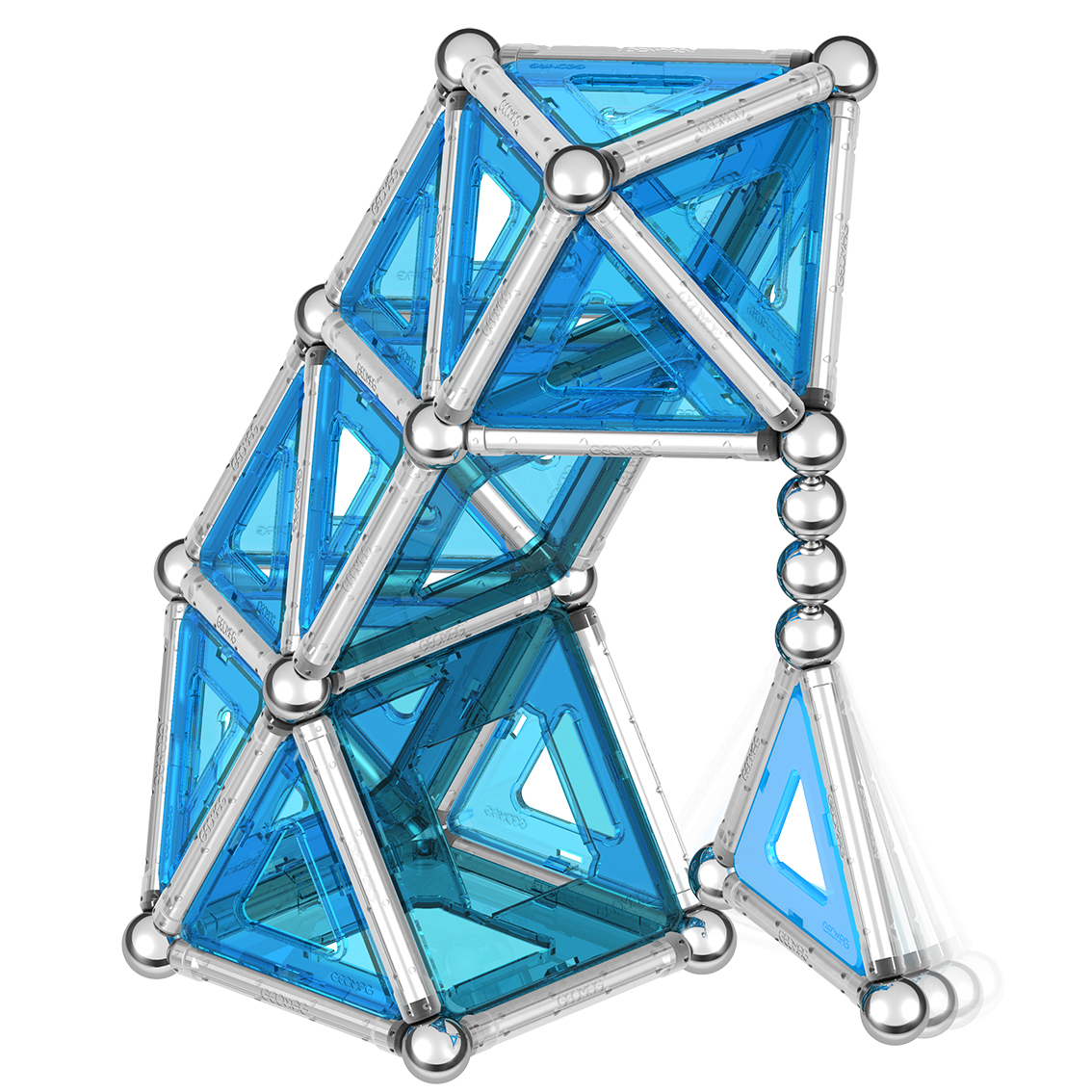 Blaue magnetische Stäbe und Kugeln bilden eine komplexe Struktur.