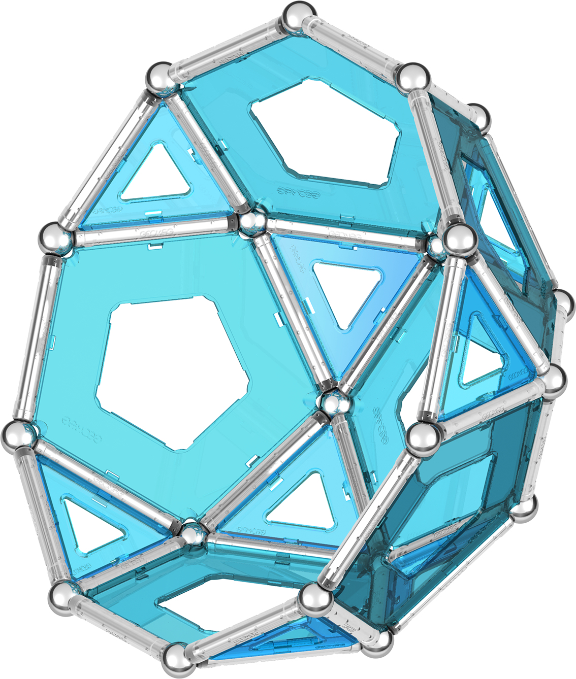 Eine blaue geometrische Struktur aus Magnetstäben, Metallkugeln und durchsichtigen Platten.