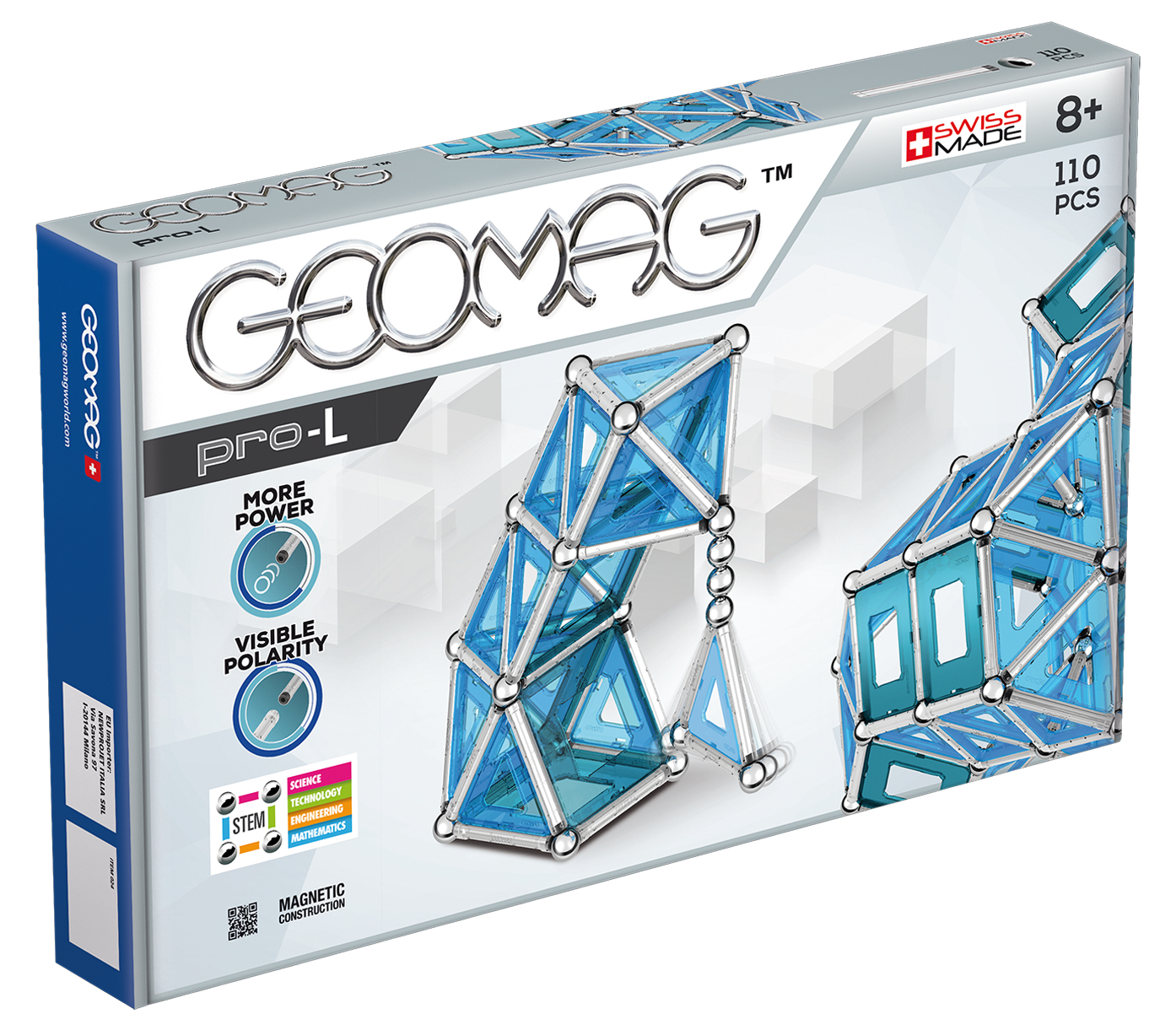 Verpackung von Geomag Pro-L Magnetspielzeug mit 110 Teilen, Schweizer Herstellung.