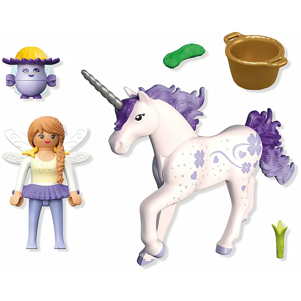 Playmobil-Spielset mit einer Feenfigur, einem Einhorn mit violetter Mähne, einer kleinen Kreatur und Zubehör.