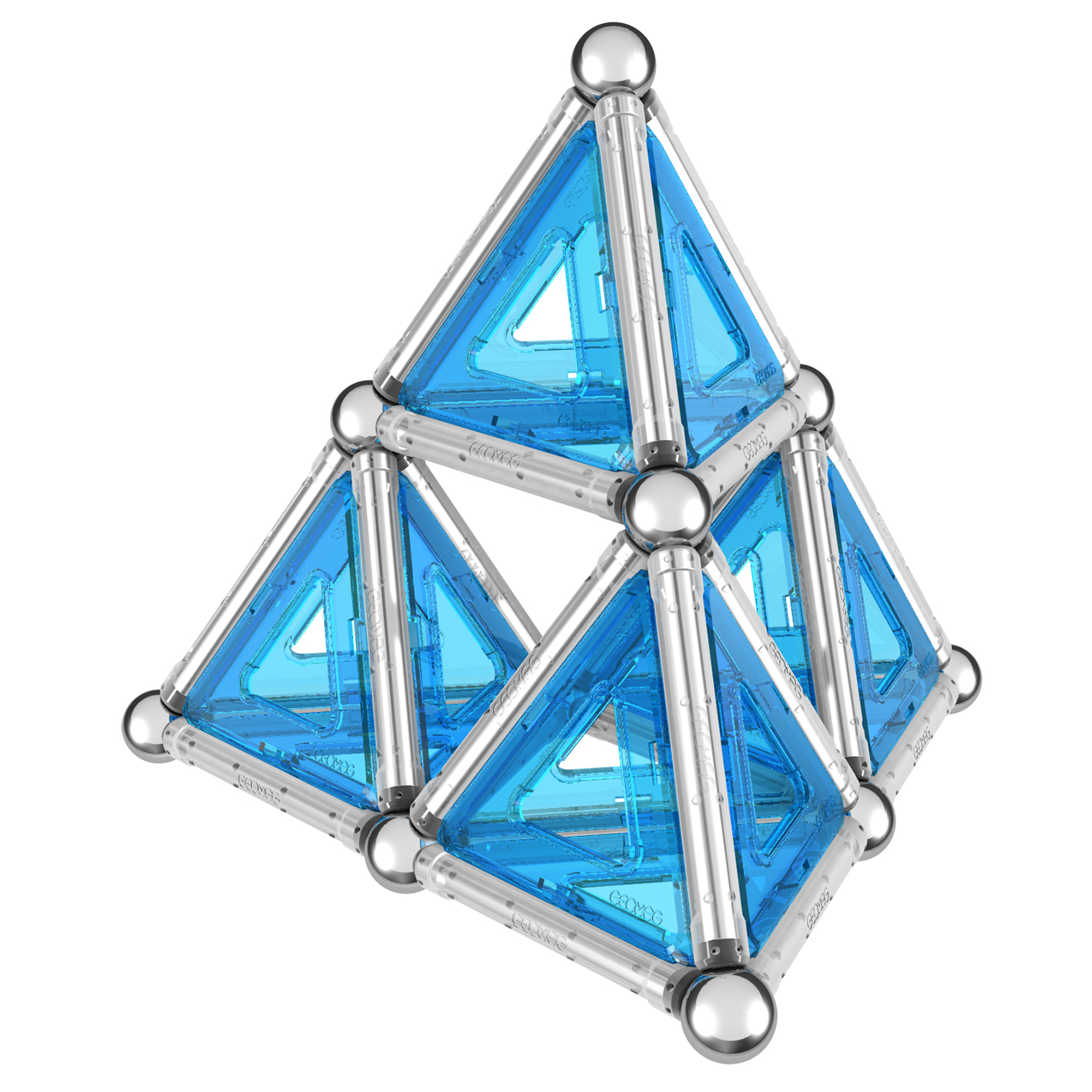 Ein magnetisches Konstruktionsspielzeug bildet eine blaue Pyramidenstruktur vor weißem Hintergrund.