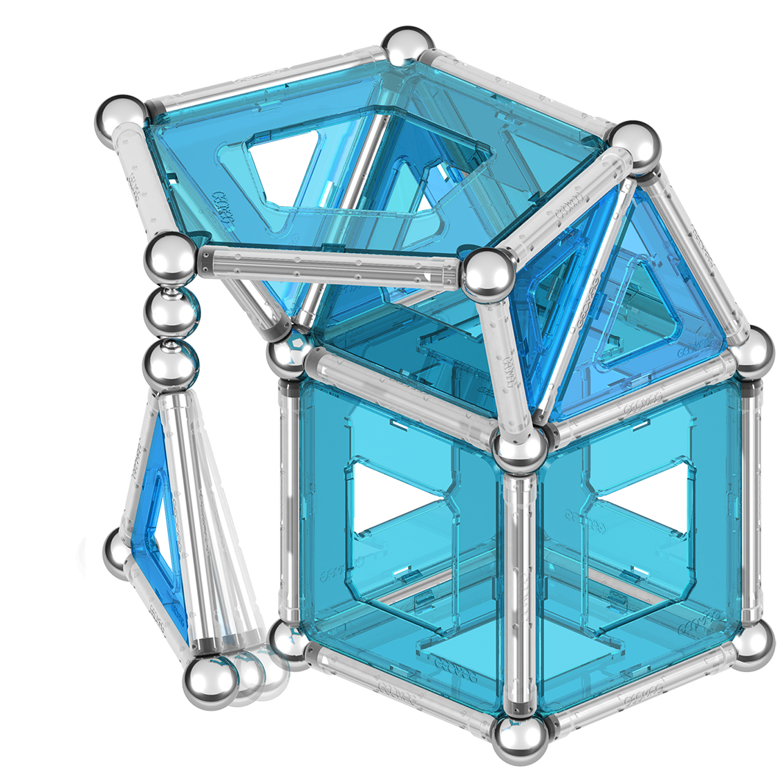 Ein magnetisches Konstruktionsspielzeug wie ein Haus mit blauen Paneelen sowie silbernen Kugeln und Stäben.