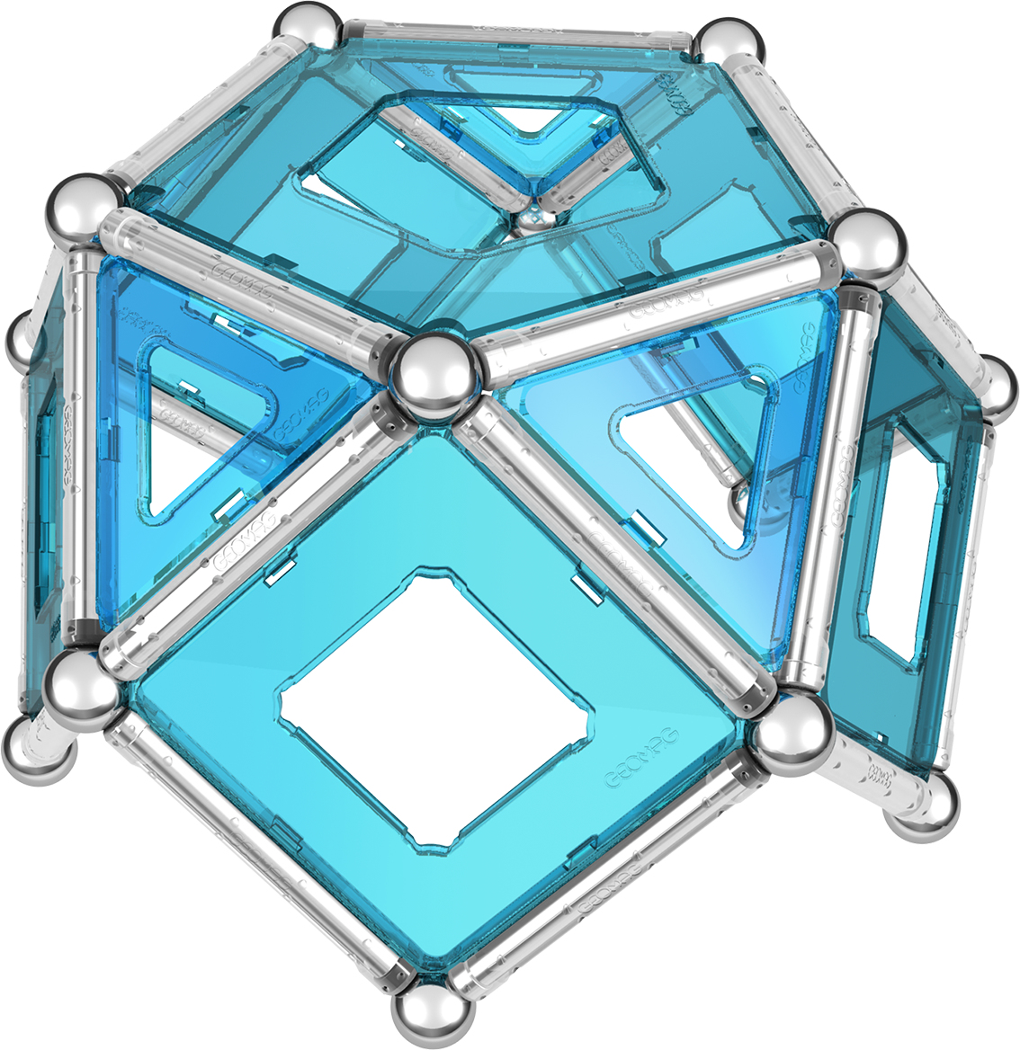 Ein geometrisches 3D-Modell aus blauen Paneelen, silbernen Stangen und Kugeln auf weißem Hintergrund.