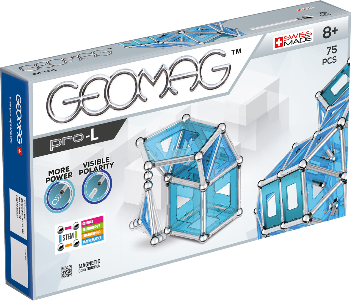 Verpackung von Geomag Pro-L Magnetbaukasten mit 75 Teilen und blauen Bausteinen.