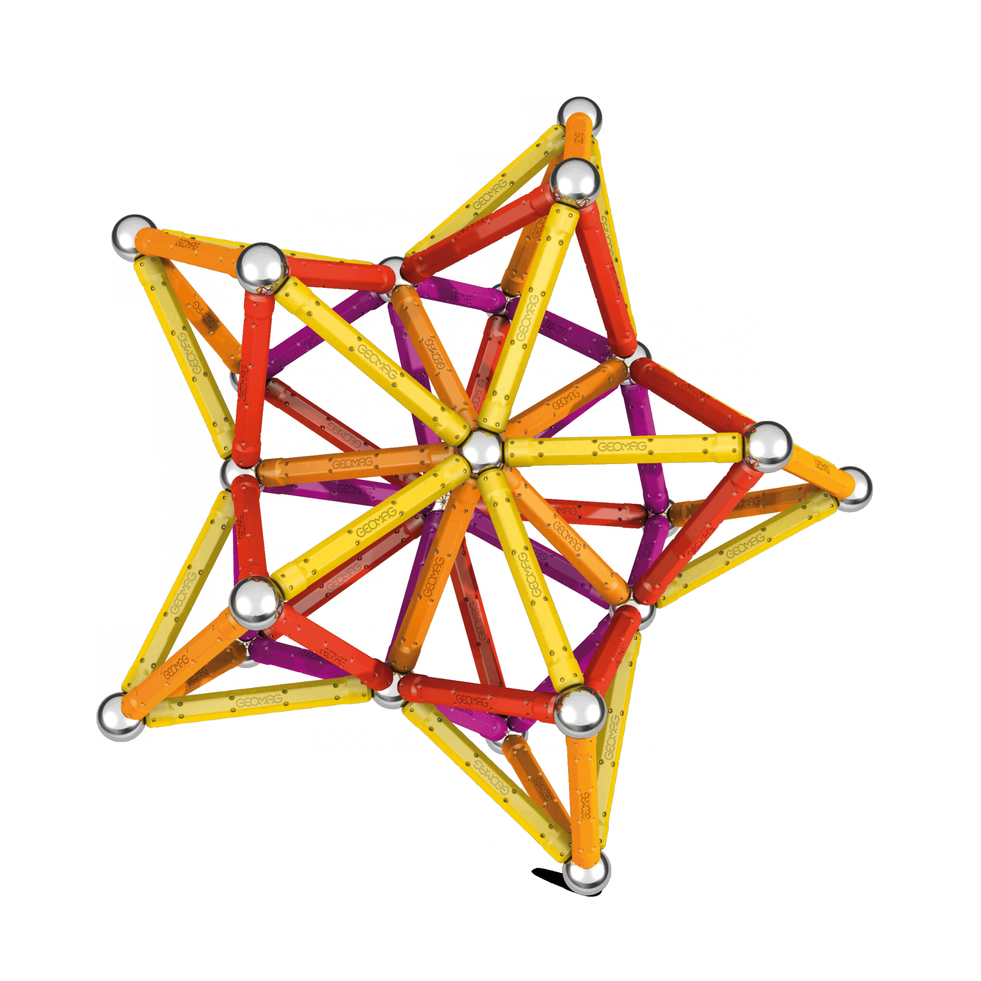 Eine komplexe 3D-Sternform, gebaut aus bunten Magnetstäben und Silberkugeln auf weißem Hintergrund.