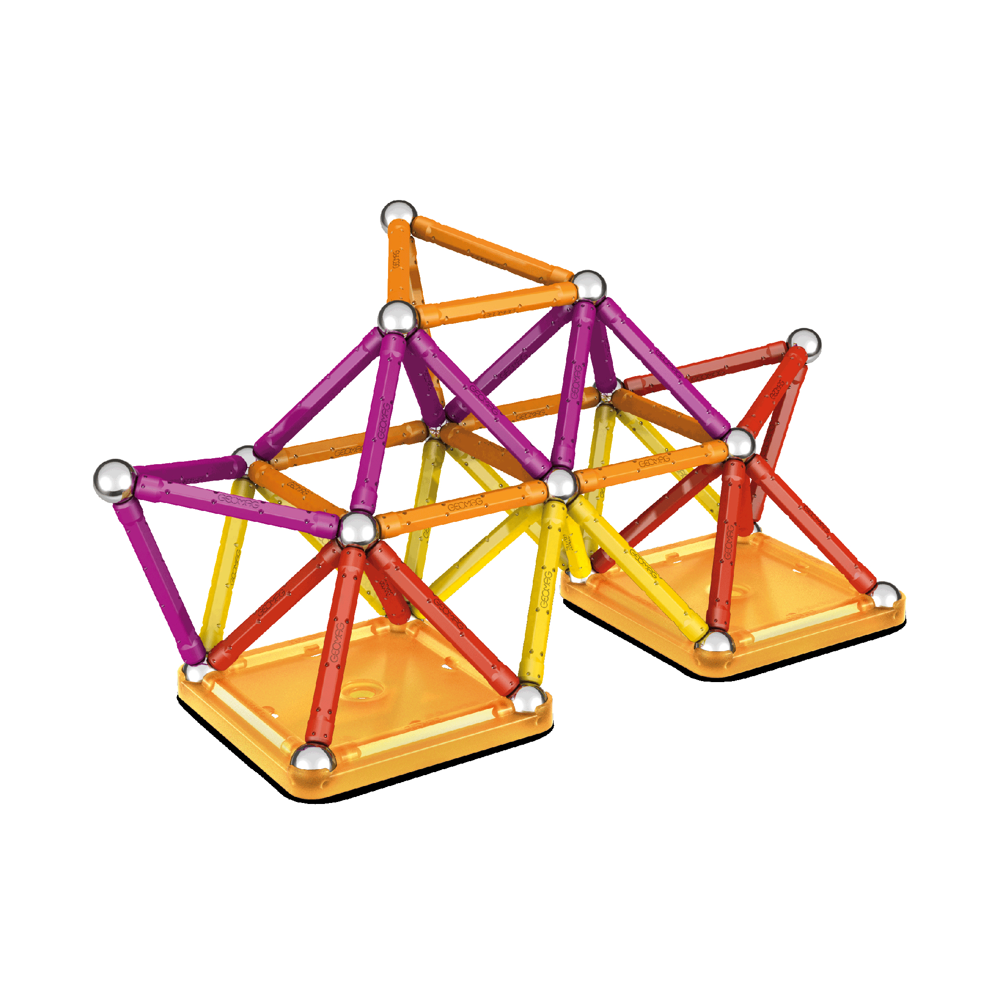 Eine magnetische Konstruktion aus bunten Stäben, Stahlkugeln und zwei gelben Bodenplatten.