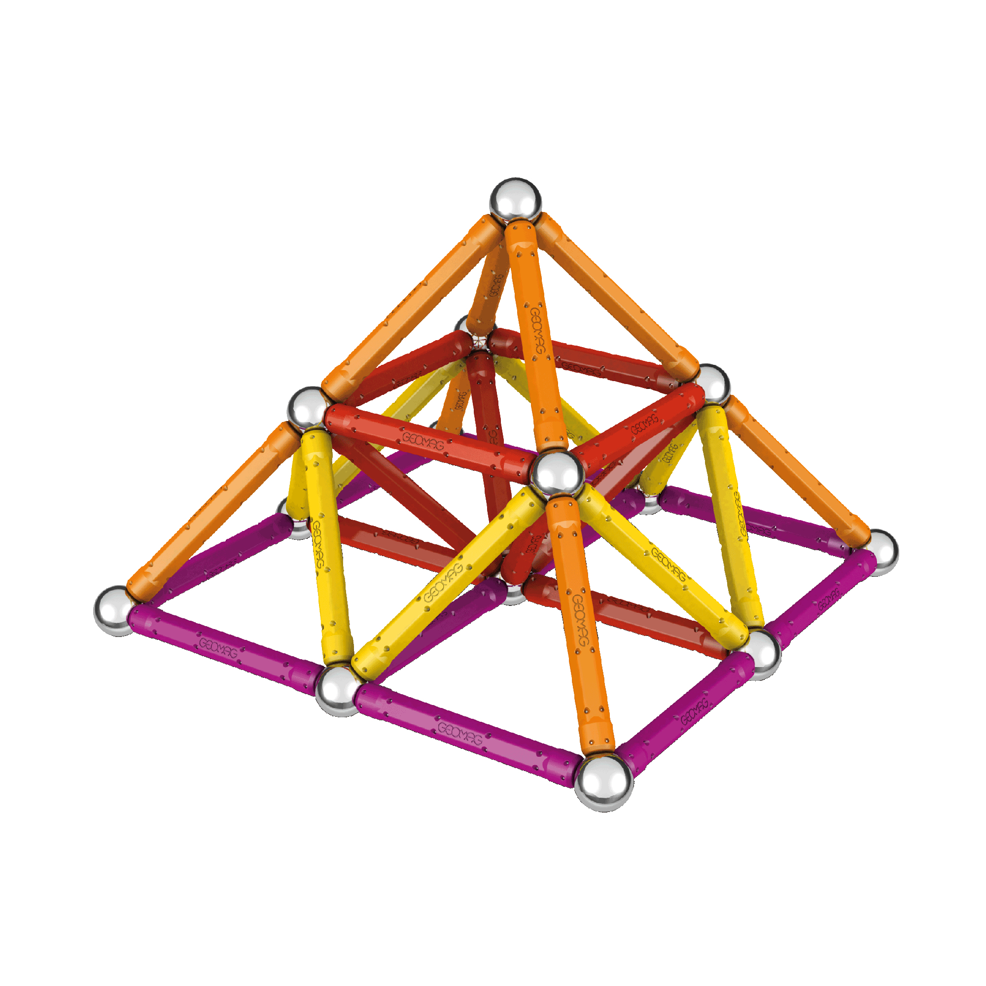 Eine komplexe geometrische Pyramide aus bunten Magnetstäben und Metallkugeln auf weißem Hintergrund.