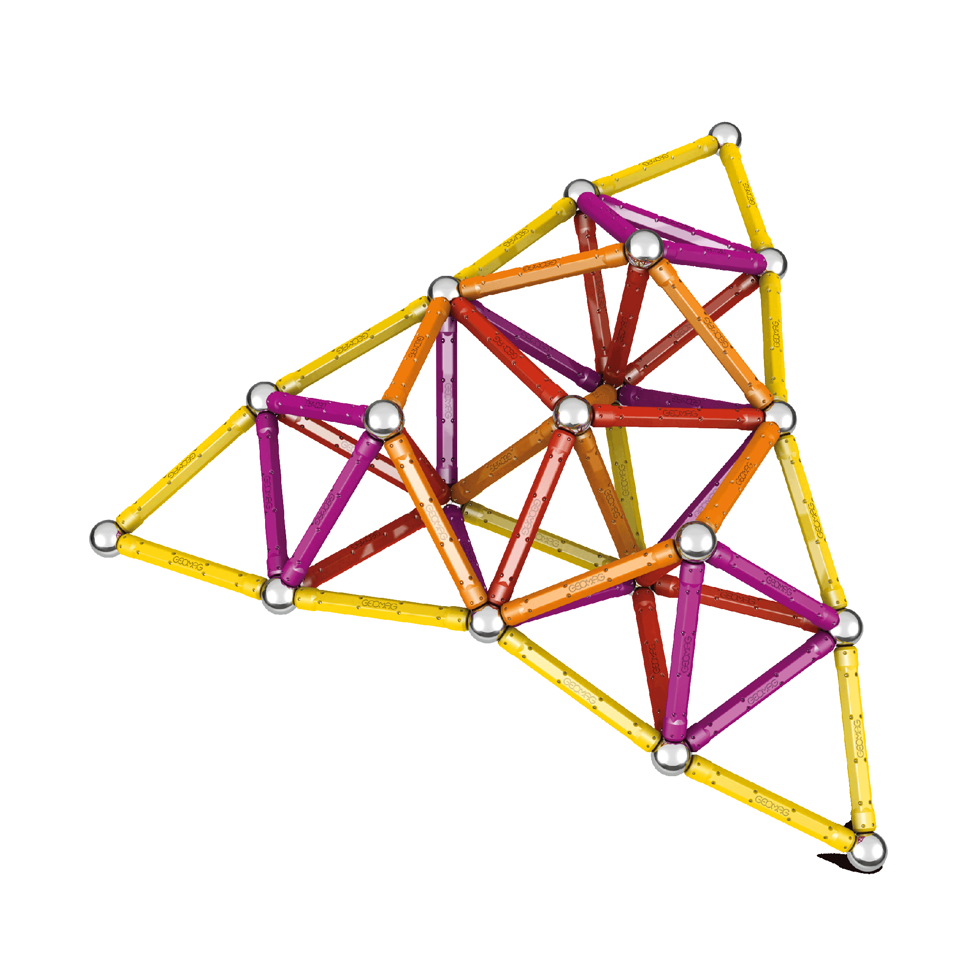 Eine komplexe 3D-Geometrierstruktur aus Magnetstäben in Gelb, Orange und Lila, verbunden mit Stahlkugeln.