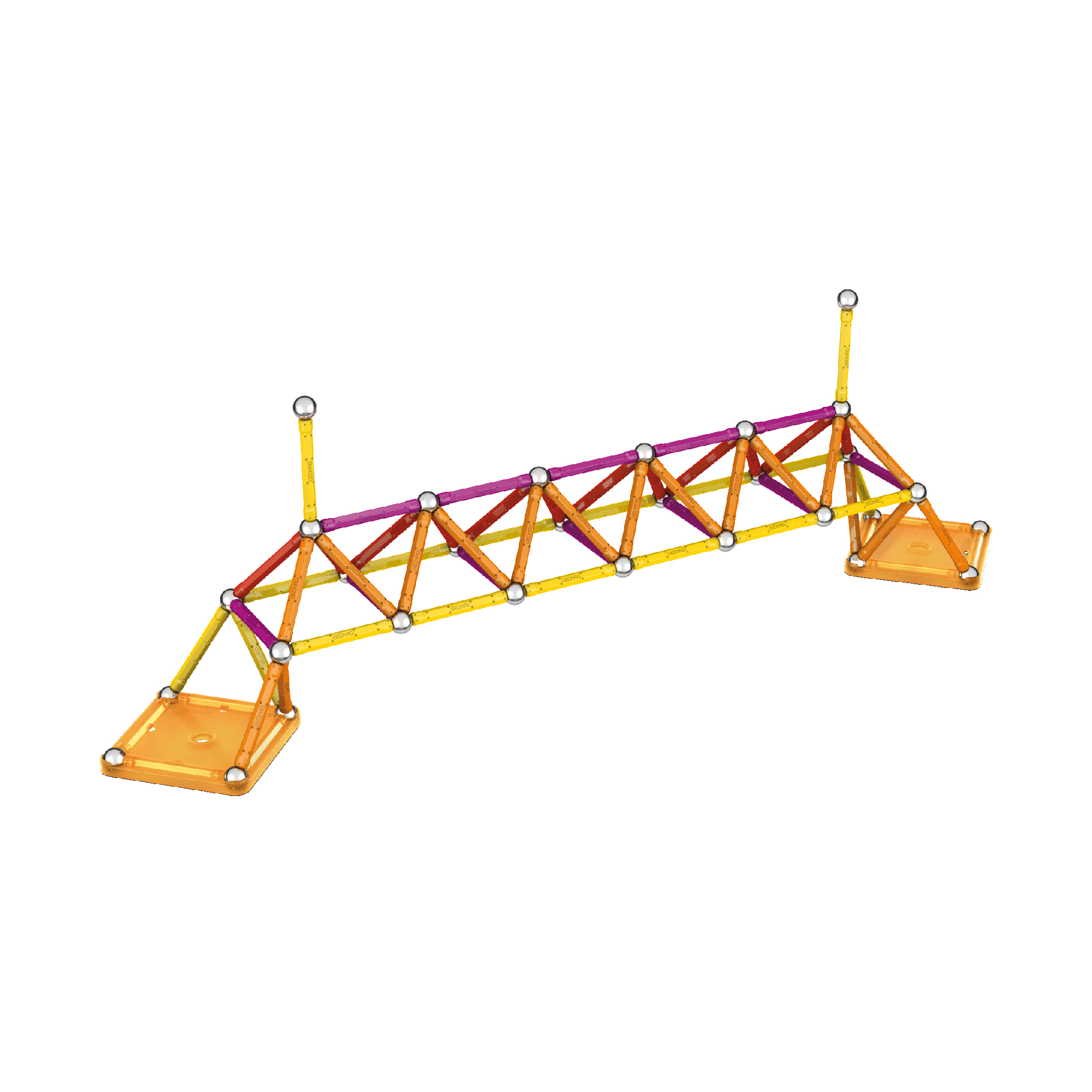 Eine Brücke aus magnetischen Stäben und Metallkugeln in verschiedenen Farben auf weißem Hintergrund.