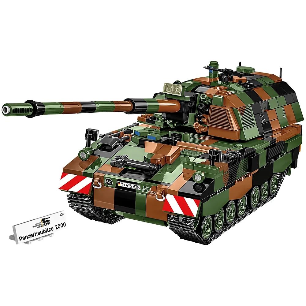 Ein grün-braun-schwarz getarntes Klemmbaustein-Modell eines Panzerhaubitze 2000 mit Kette und Kanone auf weißem Grund.