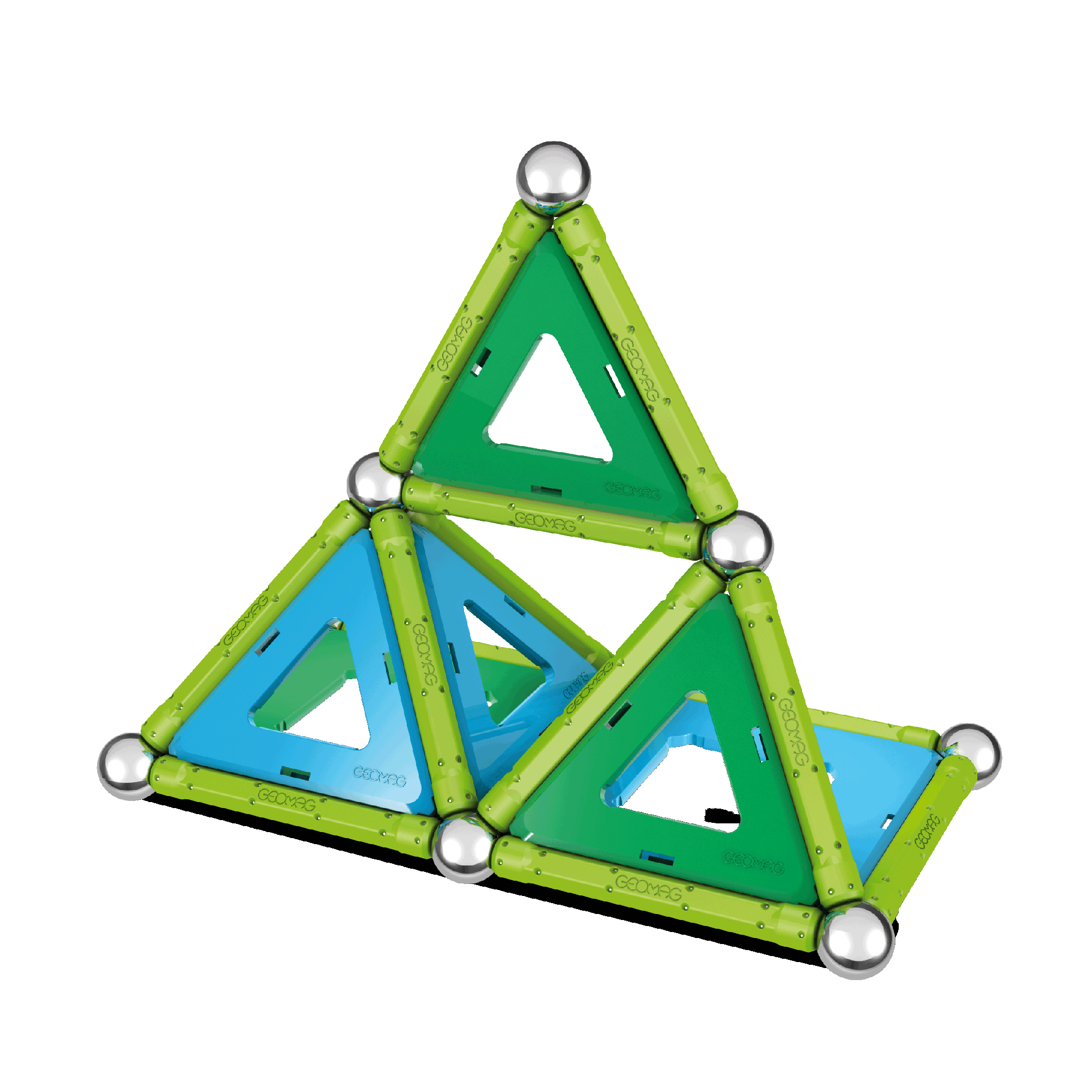 Eine Pyramide aus grünen und blauen Magnetstäben und Metallkugeln auf weißem Hintergrund.