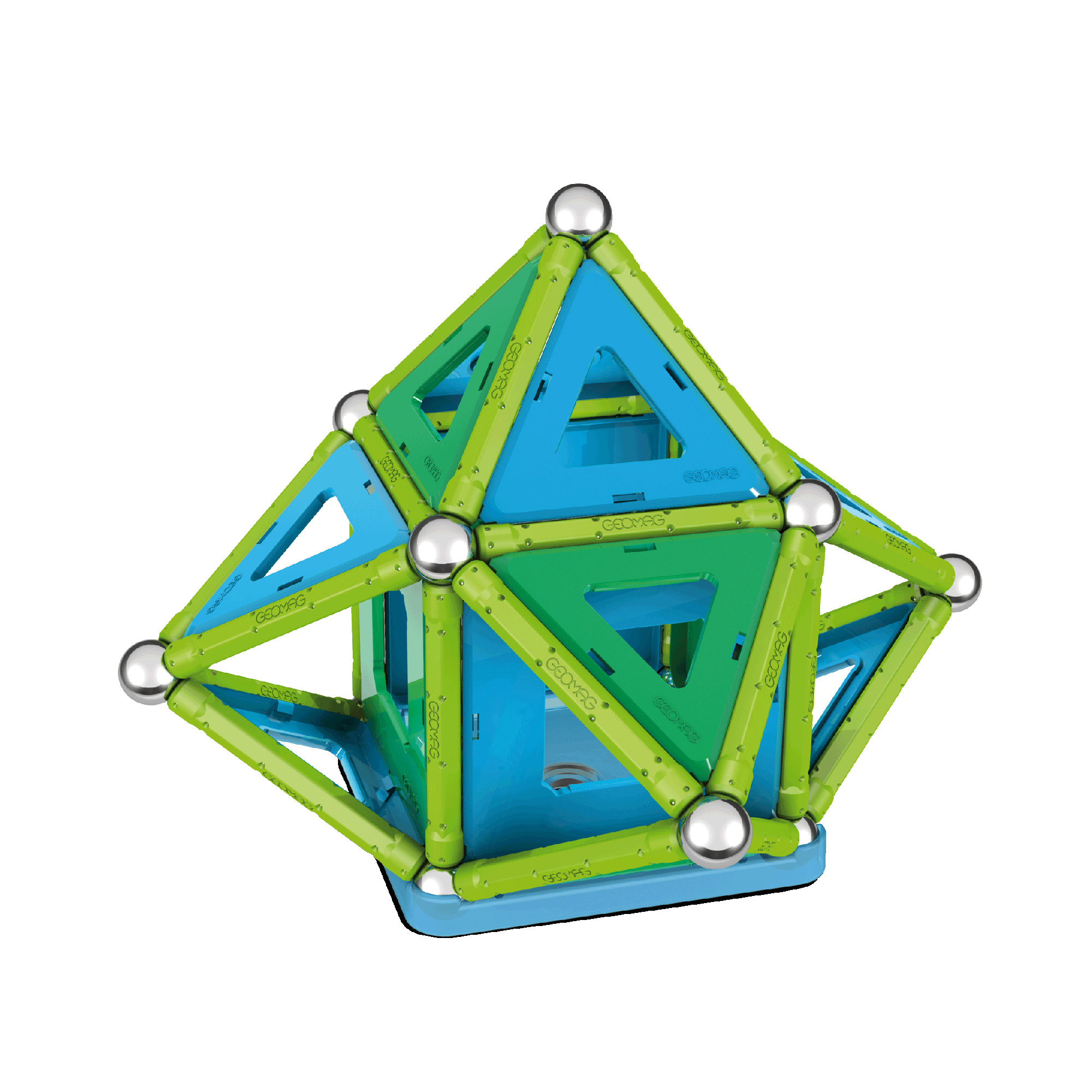 Eine magnetische Konstruktionsspielzeugstruktur aus grünen Stangen, silbernen Kugeln und blauen sowie grünen Platten.