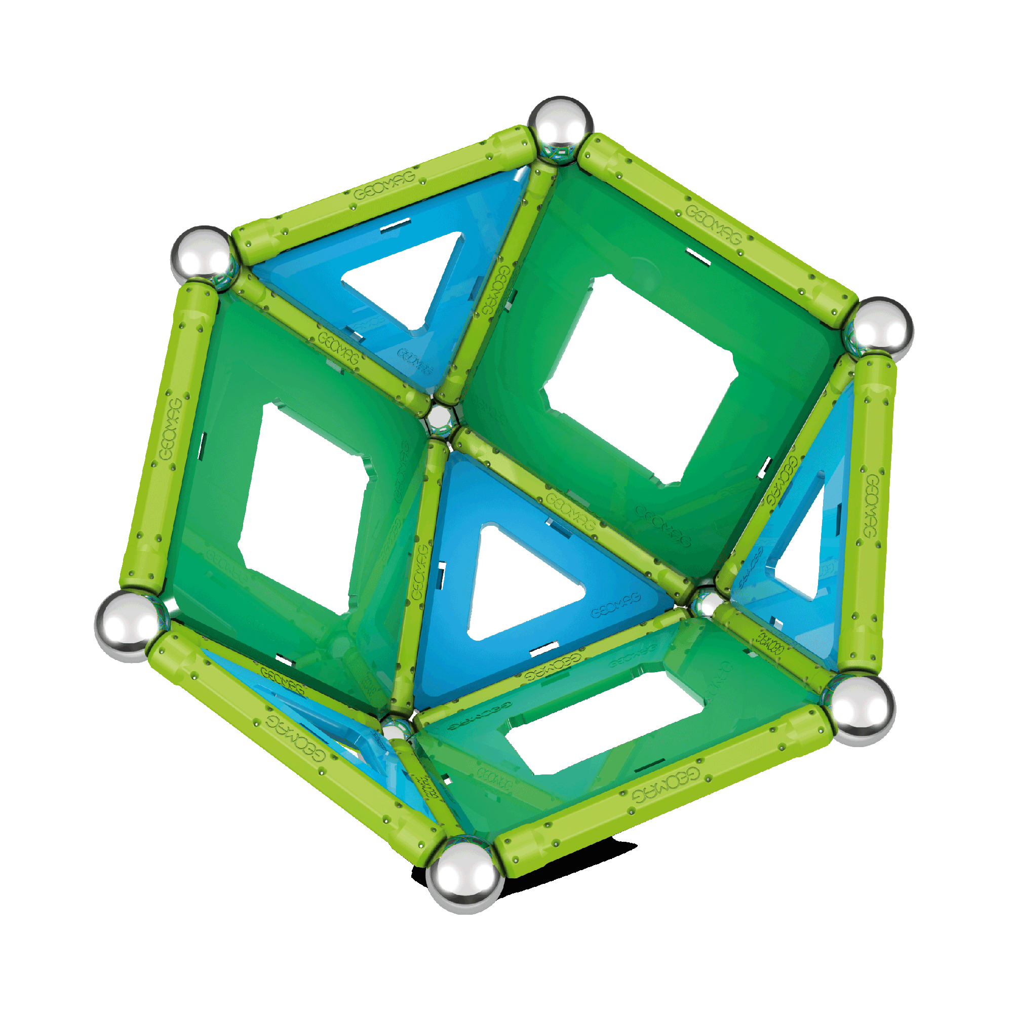 Ein geometrisches 3D-Spielzeug aus grünen und blauen Magnetteilen mit silbernen Kugeln.