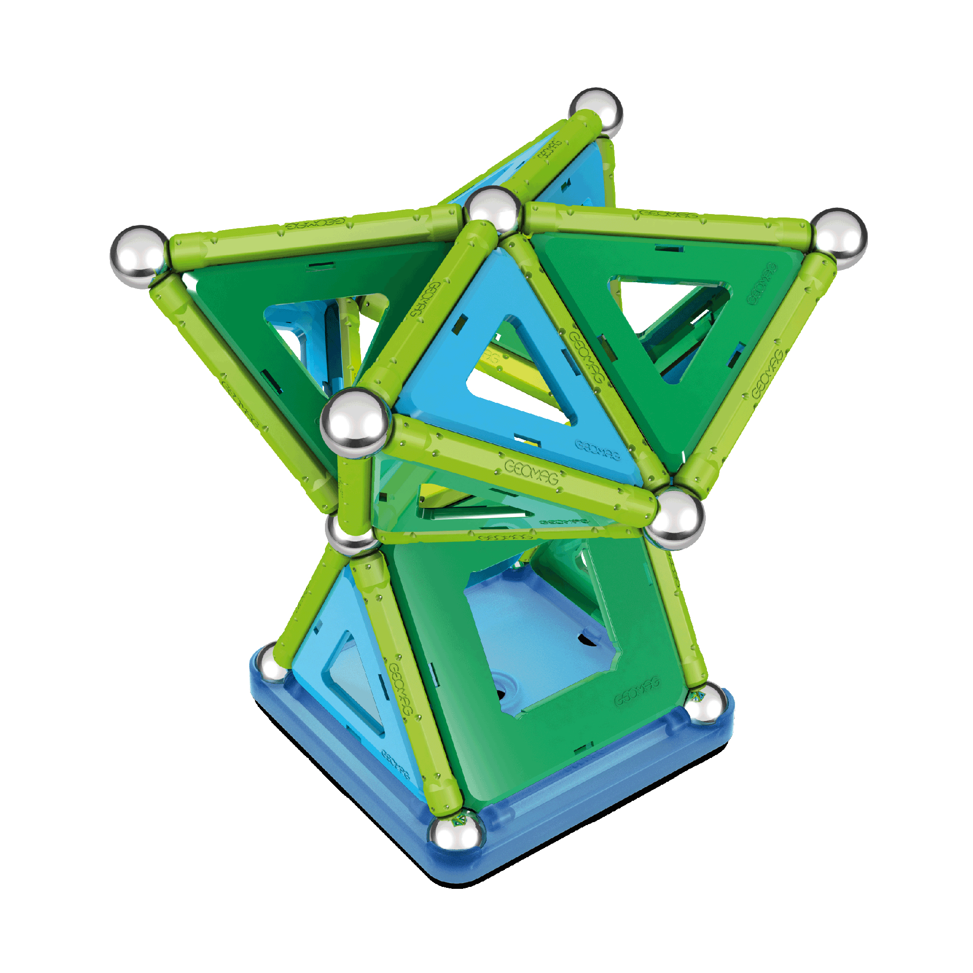 Ein geometrisches Konstruktionsspielzeug aus grünen und blauen Magnetstäben und Kugelverbindungen auf weißem Grund.