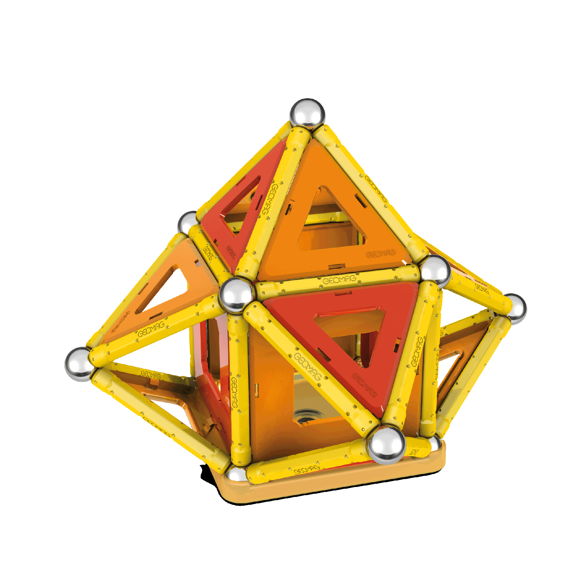 Ein geometrisches Konstruktionsspielzeug aus gelben Stäben, silbernen Kugeln sowie orangen und roten Platten.