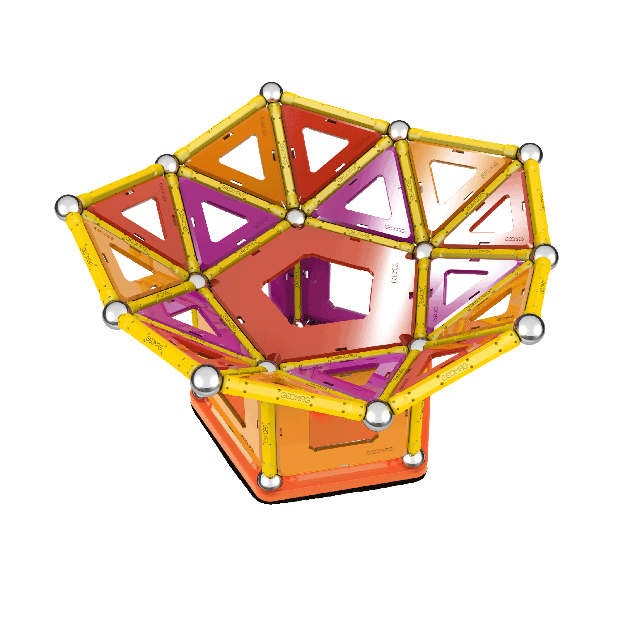 Eine bunte, schalenartige Struktur aus magnetischen Stäben, Kugeln und geometrischen Paneelen auf weißem Grund.