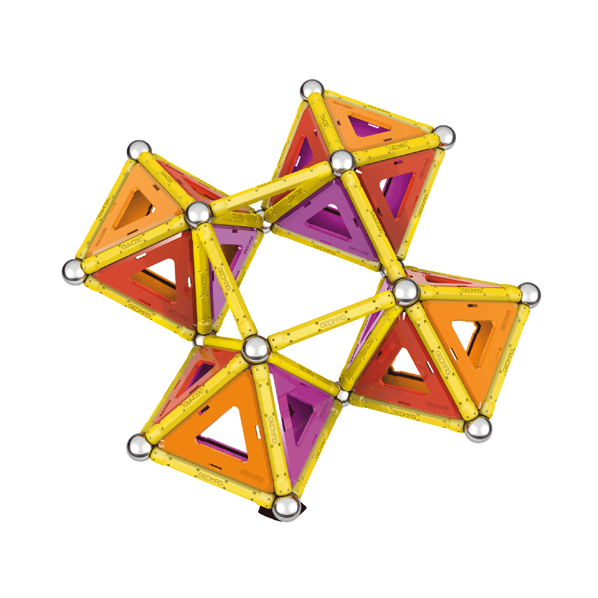 Eine bunte, geometrische Konstruktion aus gelben Stäben, Silberkugeln und farbigen Dreiecken auf weißem Grund.